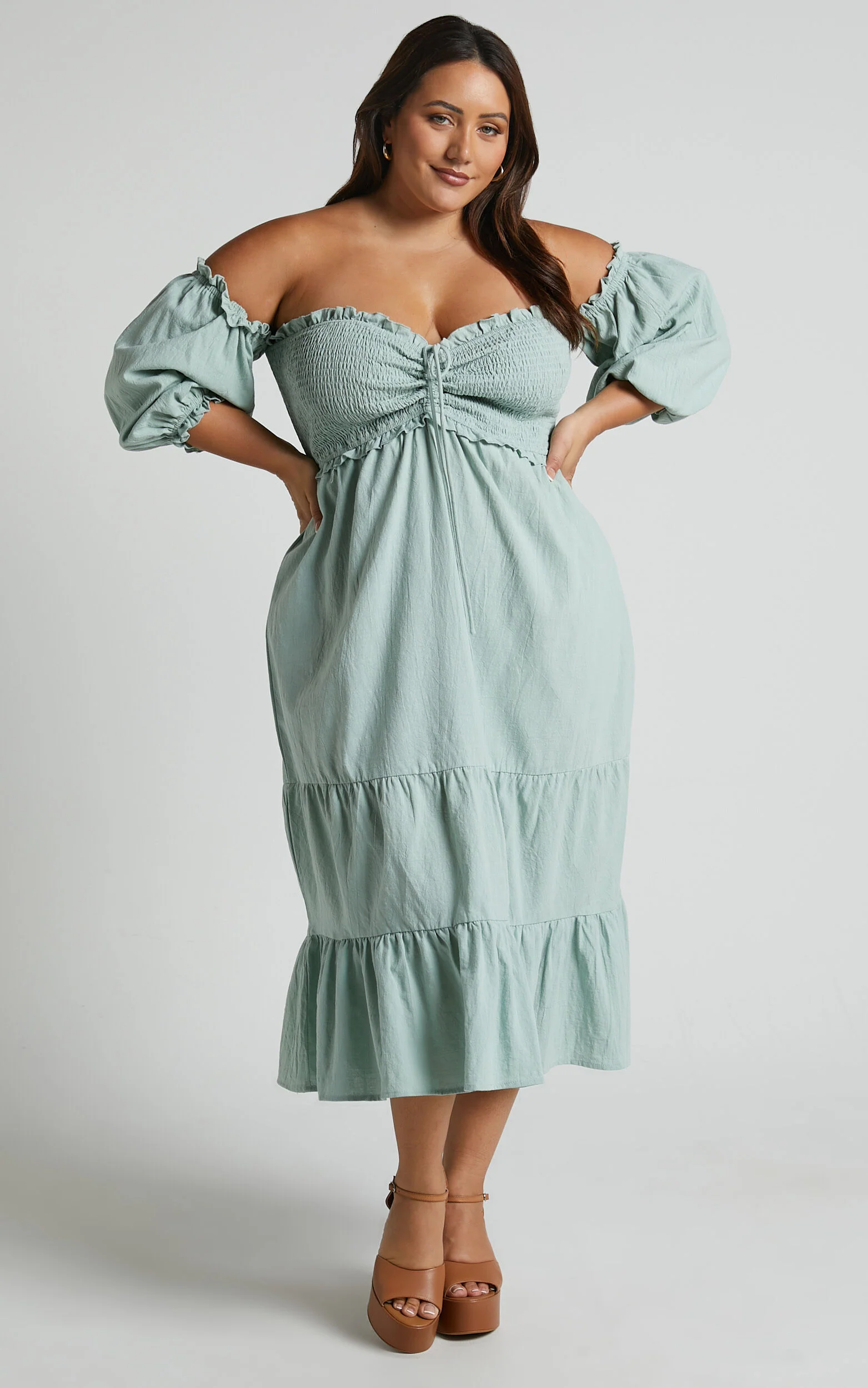 Nikka Midi Linen Dress - Shirred Off Shoulder Puff Sleeve Dress in Sage