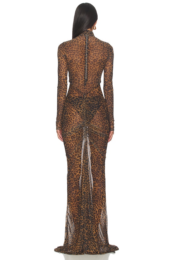 Printed Mesh Halter Ruched Gown