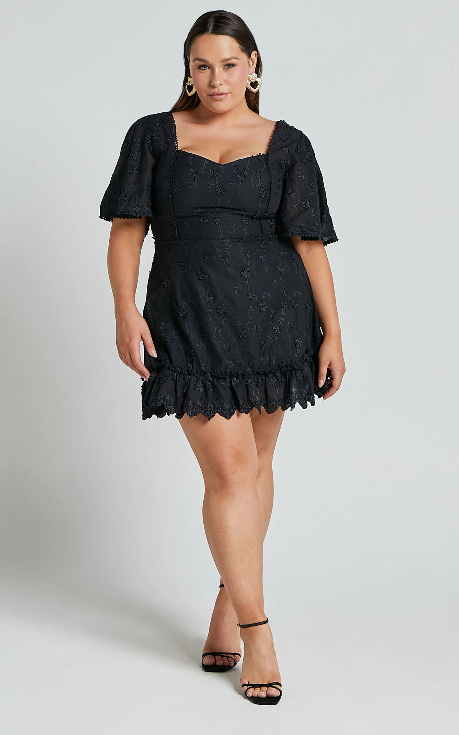 Fancy A Spritz Mini Dress - Square Neck Dress in Black Embroidery