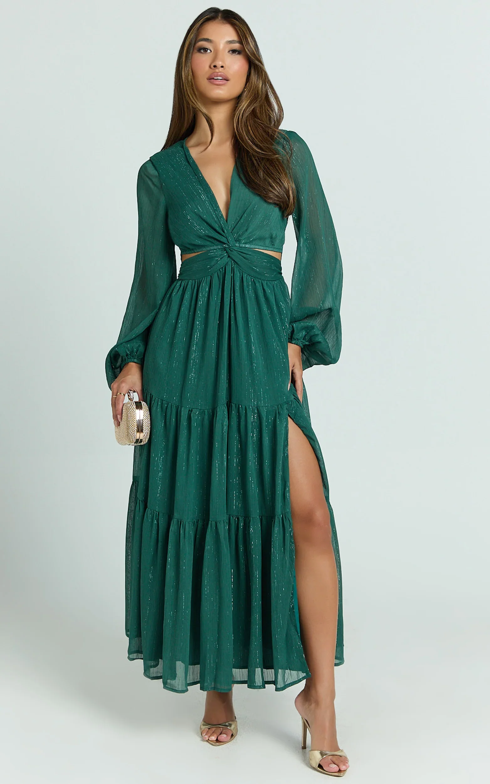 Edelyn Midi Dress - Cut Out Balloon Sleeve Tiered Dress in Emerald