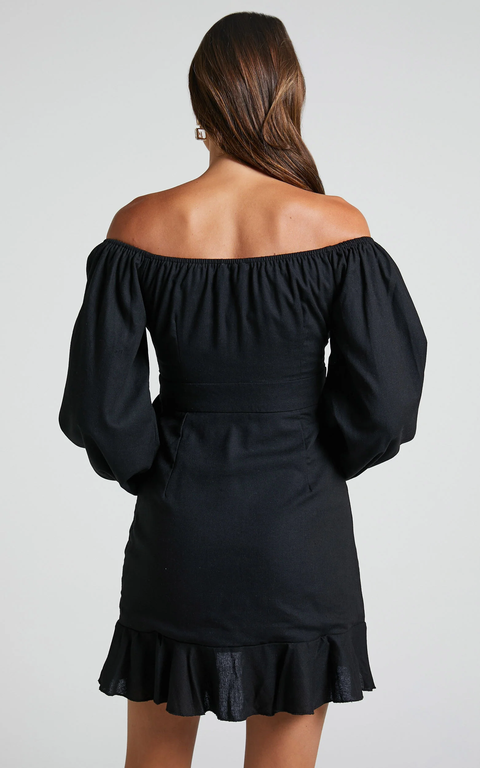 Cant Move On Off Shoulder Mini Linen Dress in Black Linen Look