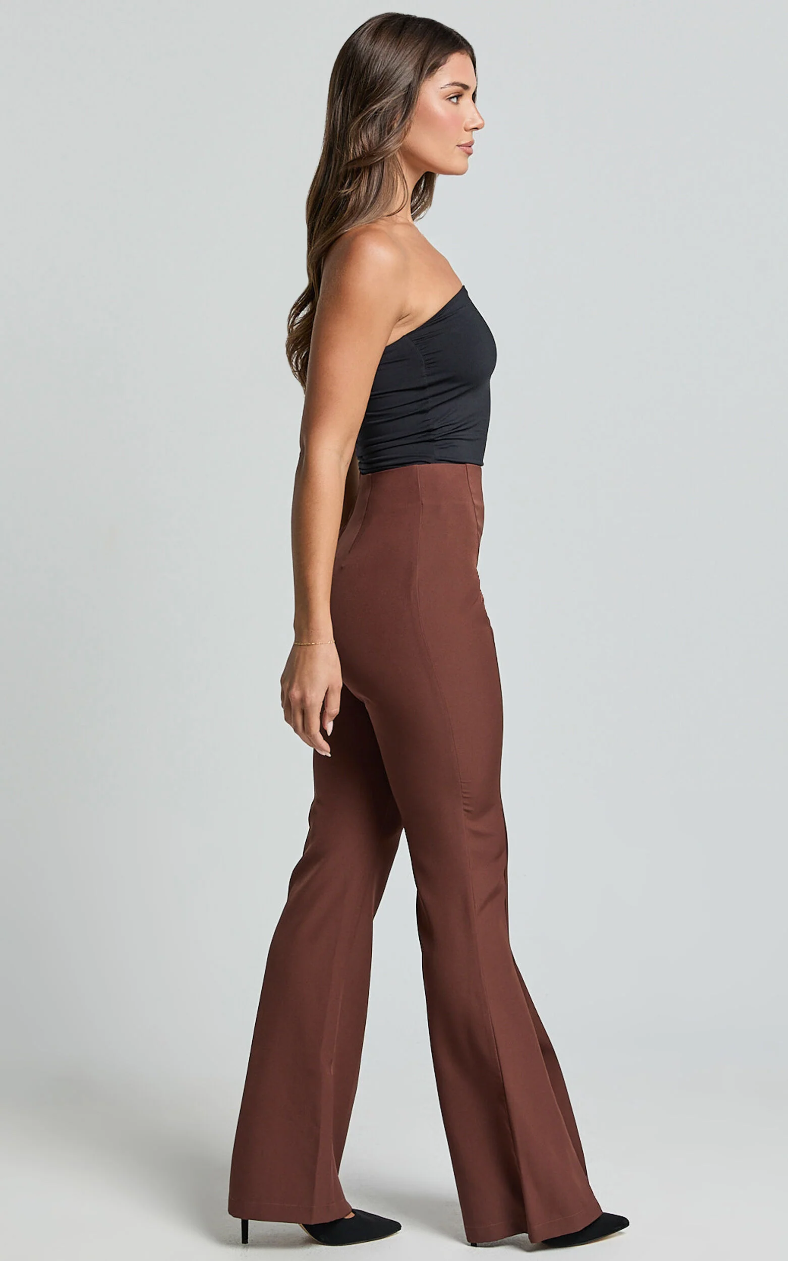 Volta Pants - Front High Waisted Split Boot Leg Kick Out Pants in Chocolate