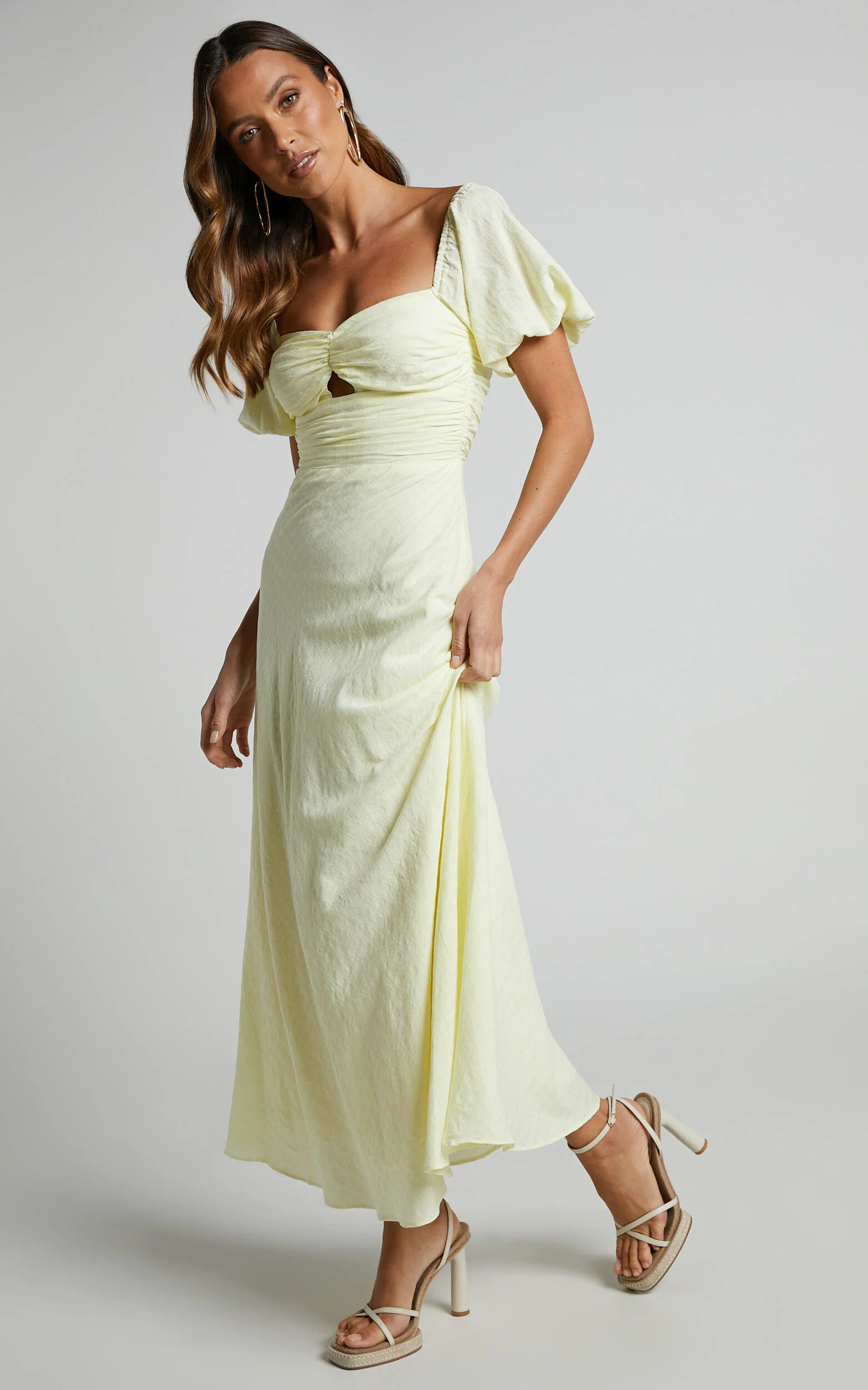 Vynna Midi Dress - Scoop Neck Puff Sleeve Ruched Bust A Line Dress in Butter Yellow