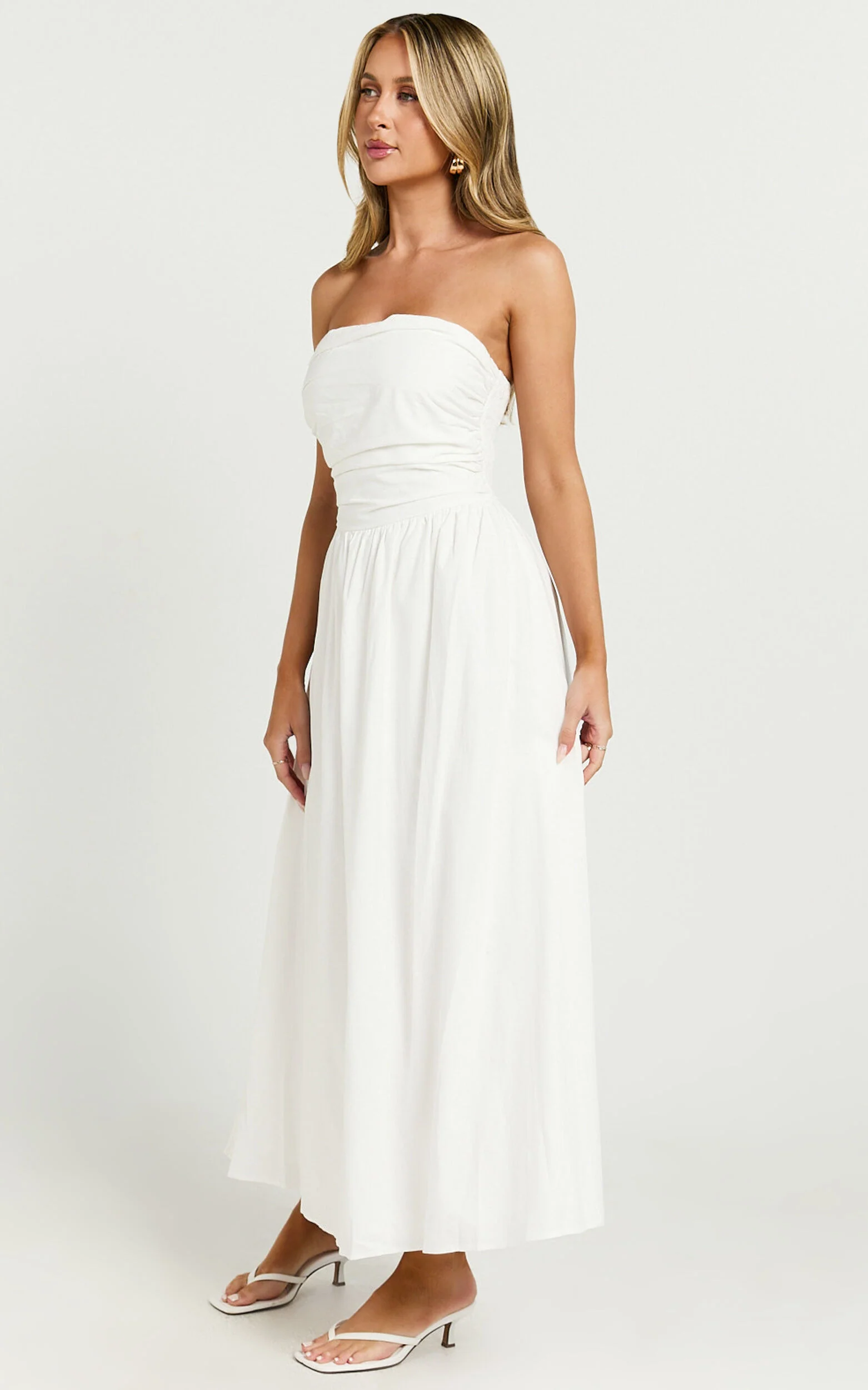 Polly Midi Dress - Strapless Ruched Dress in White