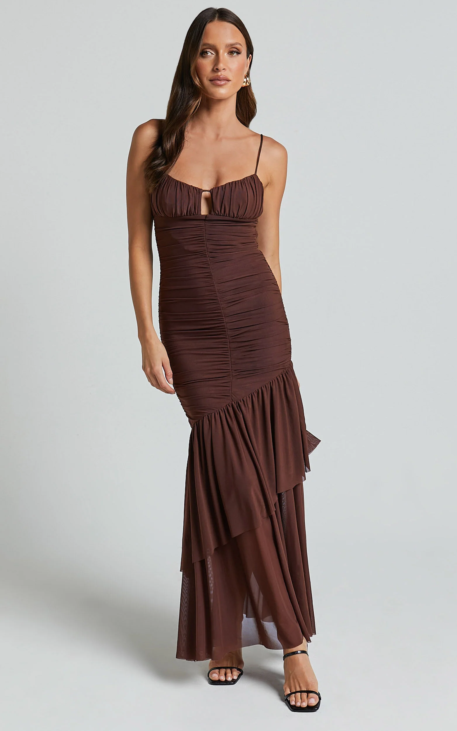 Harlene Maxi Dress- Ruched Mesh Frill Hem Dress in Chocolate