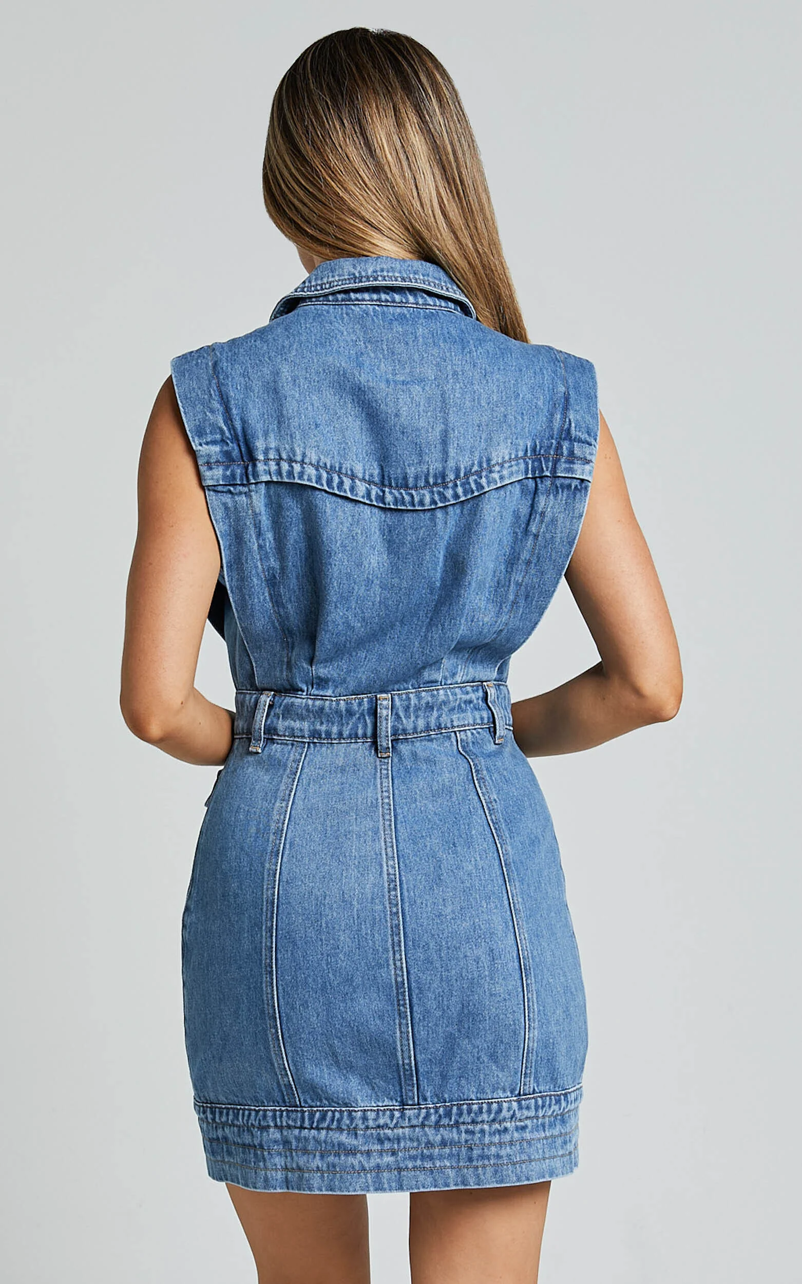 Jasse Mini Dress - Button Through Denim Dress in Mid Blue Wash