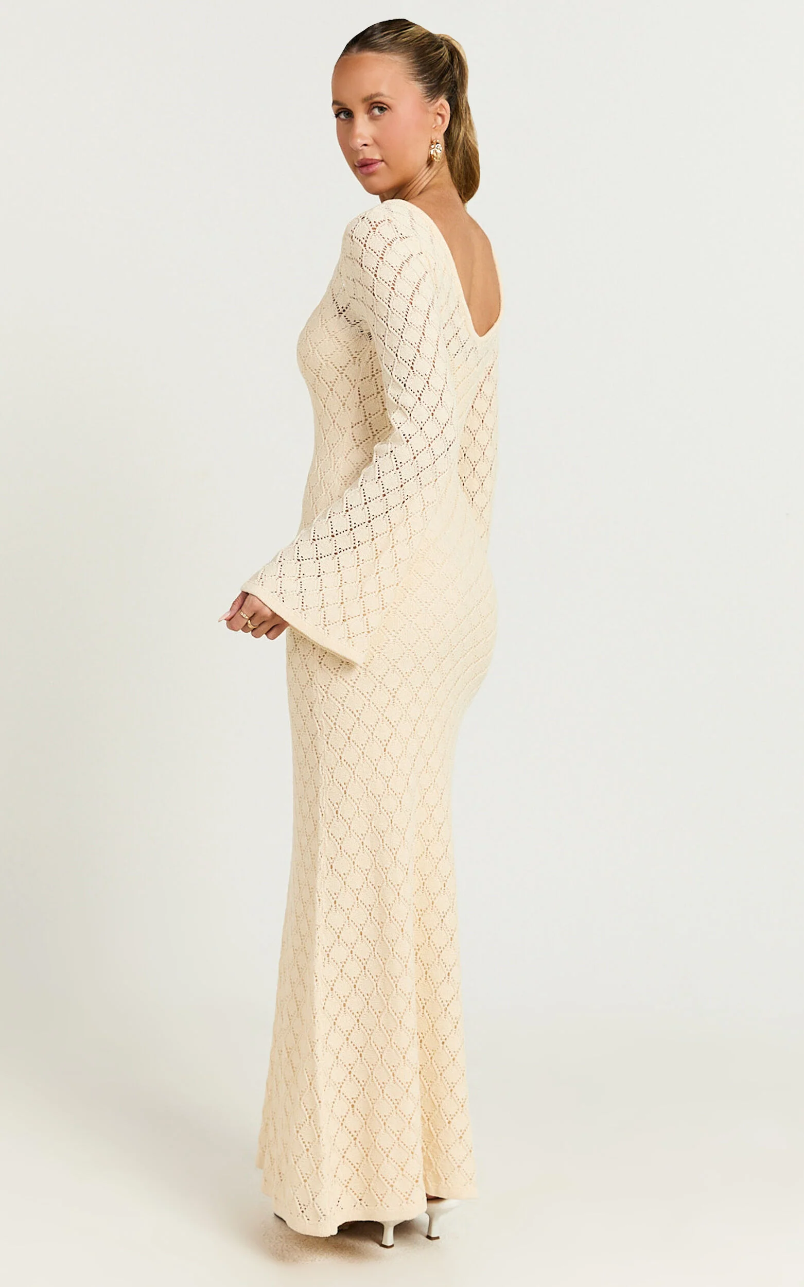 Halsey Maxi Dress - Crochet Scoop Neck Flare Sleeve Dress in Off White