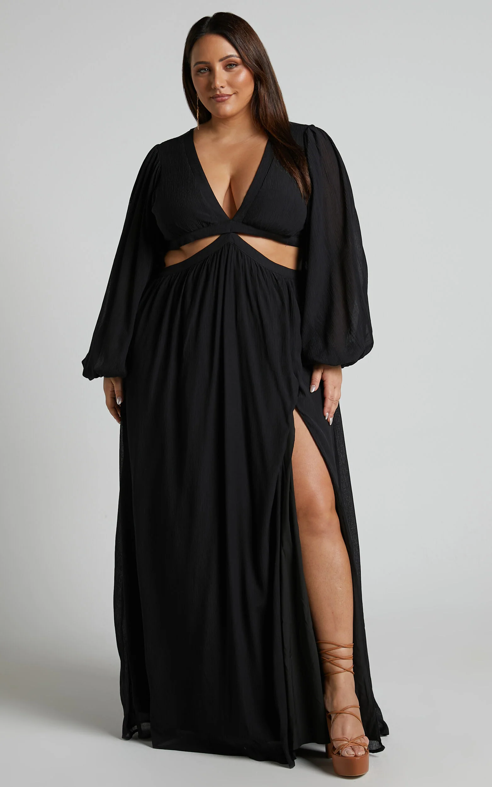 Paige Maxi Dress - Side Cut Out Balloon Sleeve Dress in Black