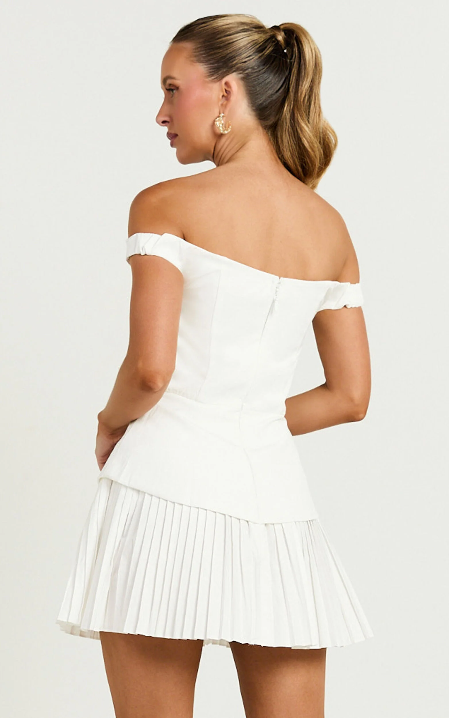 Izara Mini Dress - Off Shoulder Pleated Dress in Off White