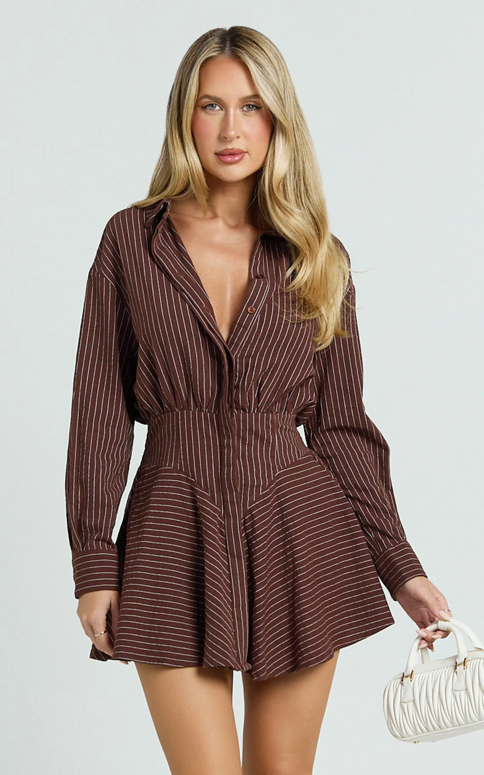 Whitney Mini Dress - Linen Long Sleeve Shirt Dress in Chocolate Pinstripe