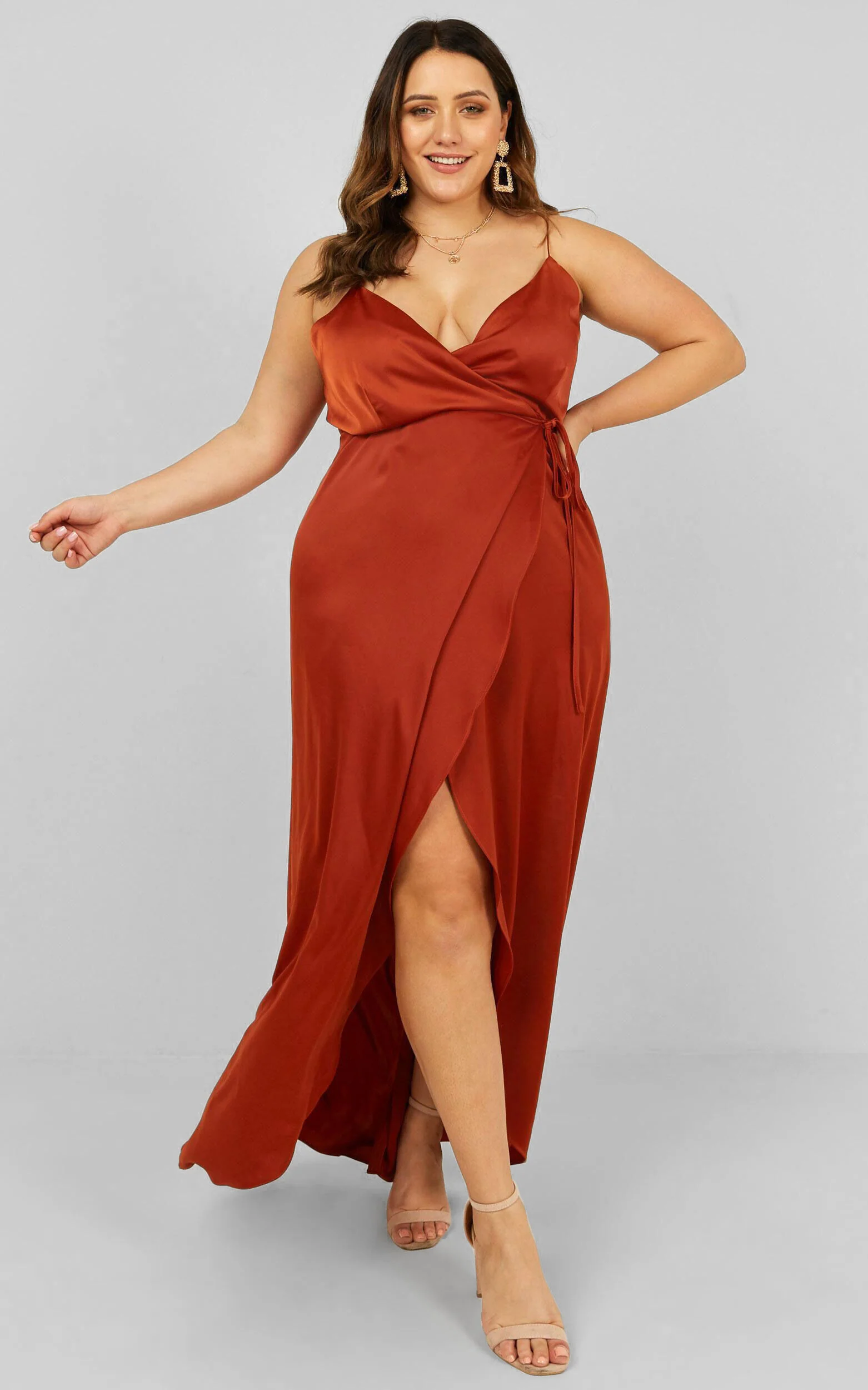 Mine Would Be You Midi Dress - Wrap Dress in Copper Satin