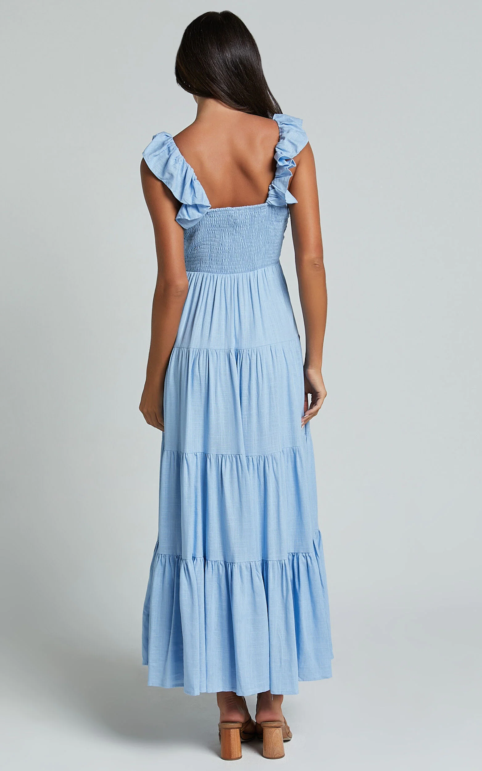 Nicollee Midi Linen Dress - Plunge Neck Sleeveless Tiered Dress in Blue