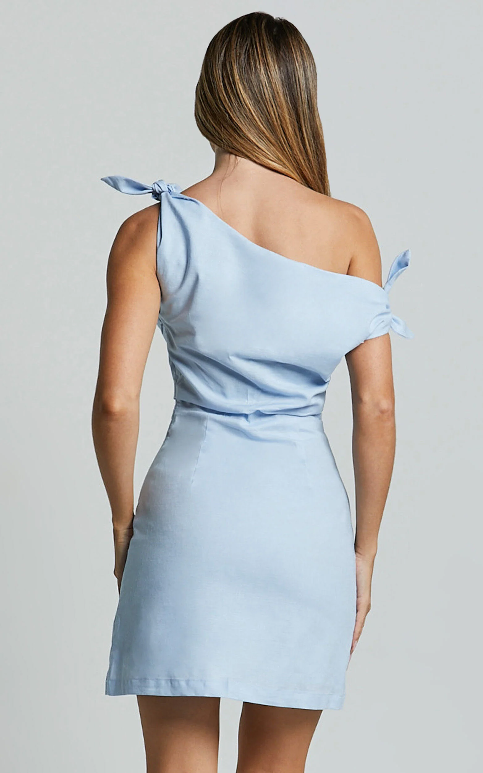 Jeofina Mini Dress - Off The Shoulder Linen Look Dress in Pale Blue