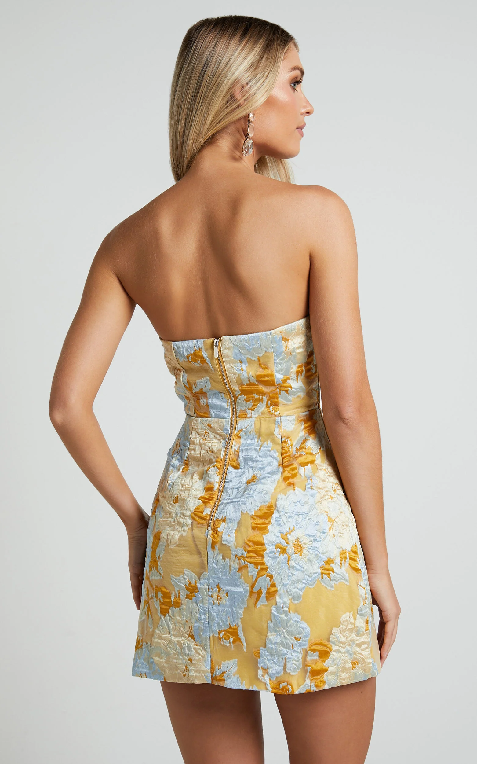 Brailey Mini Dress - Strapless Dress in Blue Jacquard