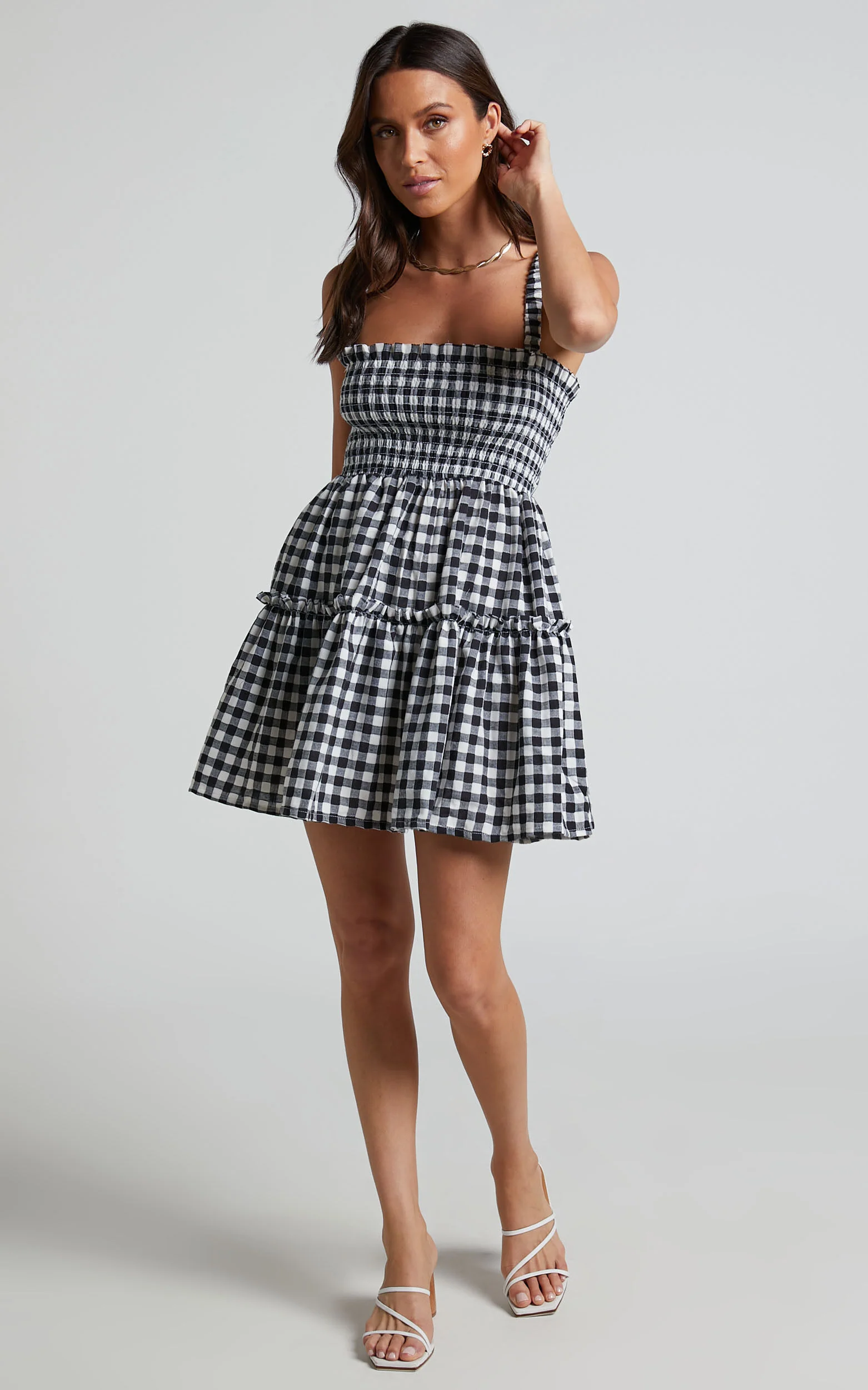 Wilda Mini Dress - Shirred Tiered Dress in Black and White Check