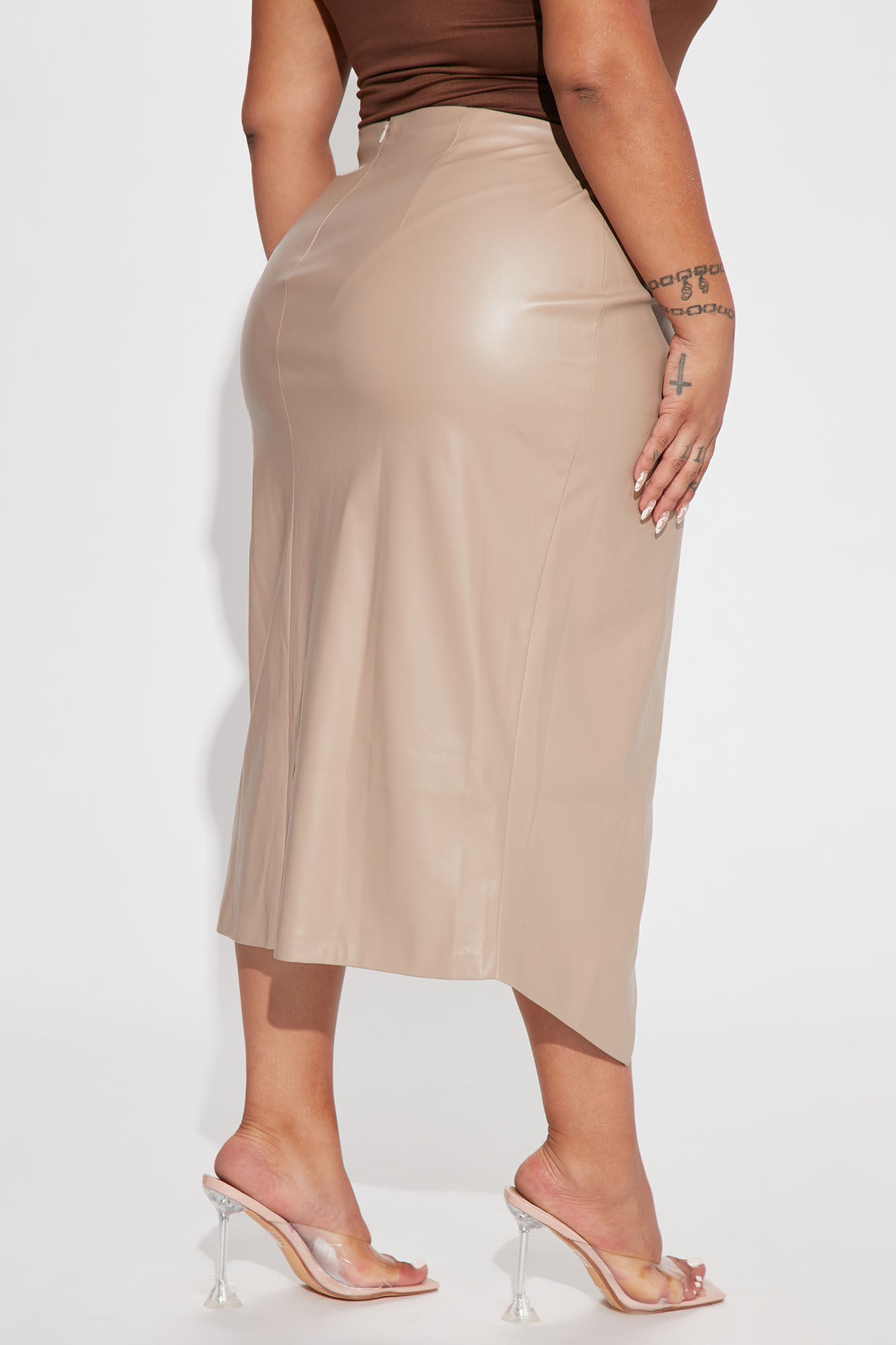 Always Around Faux Leather Midi Skirt Taupe srietti