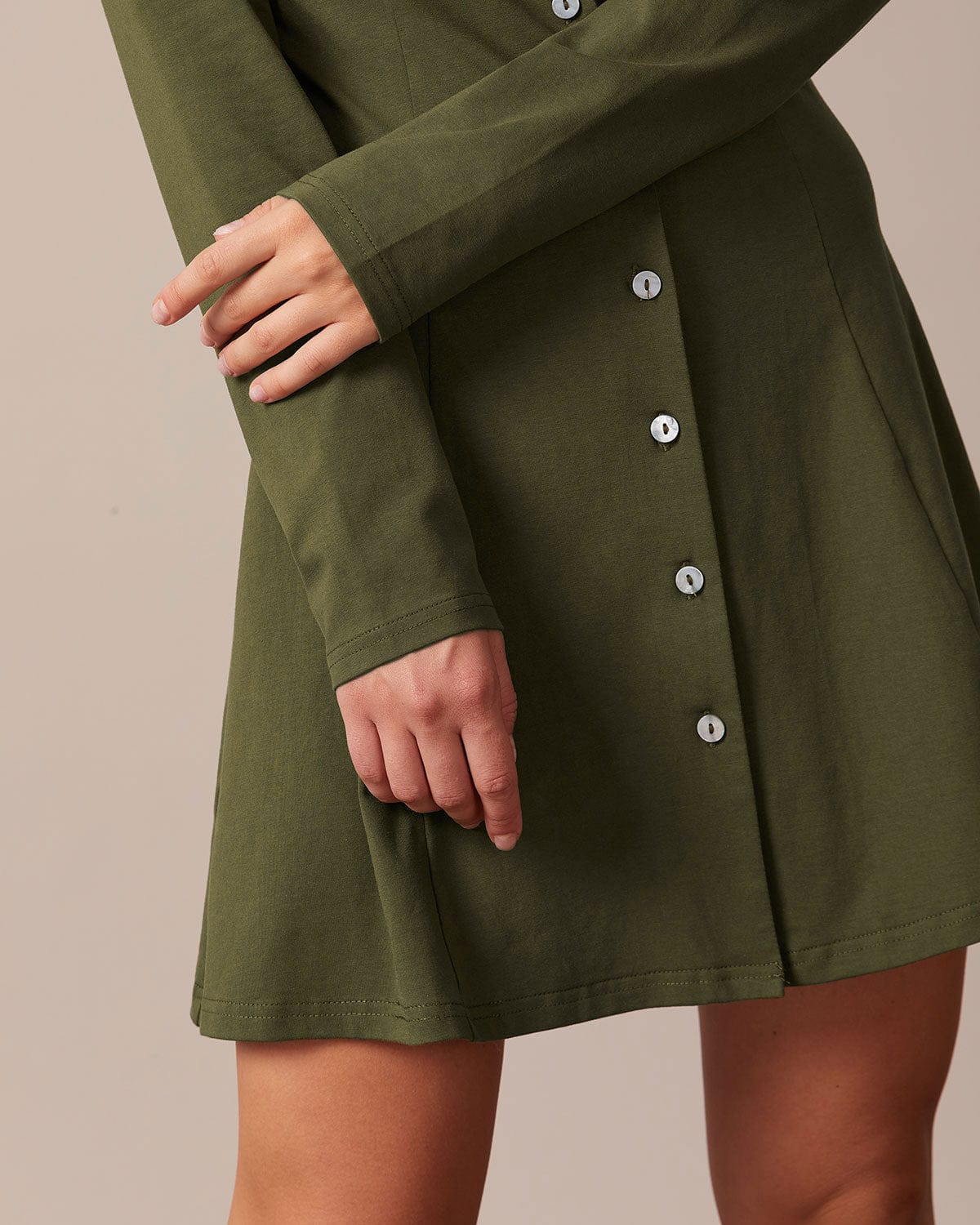 The Army Green Square Neck Button Mini Dress