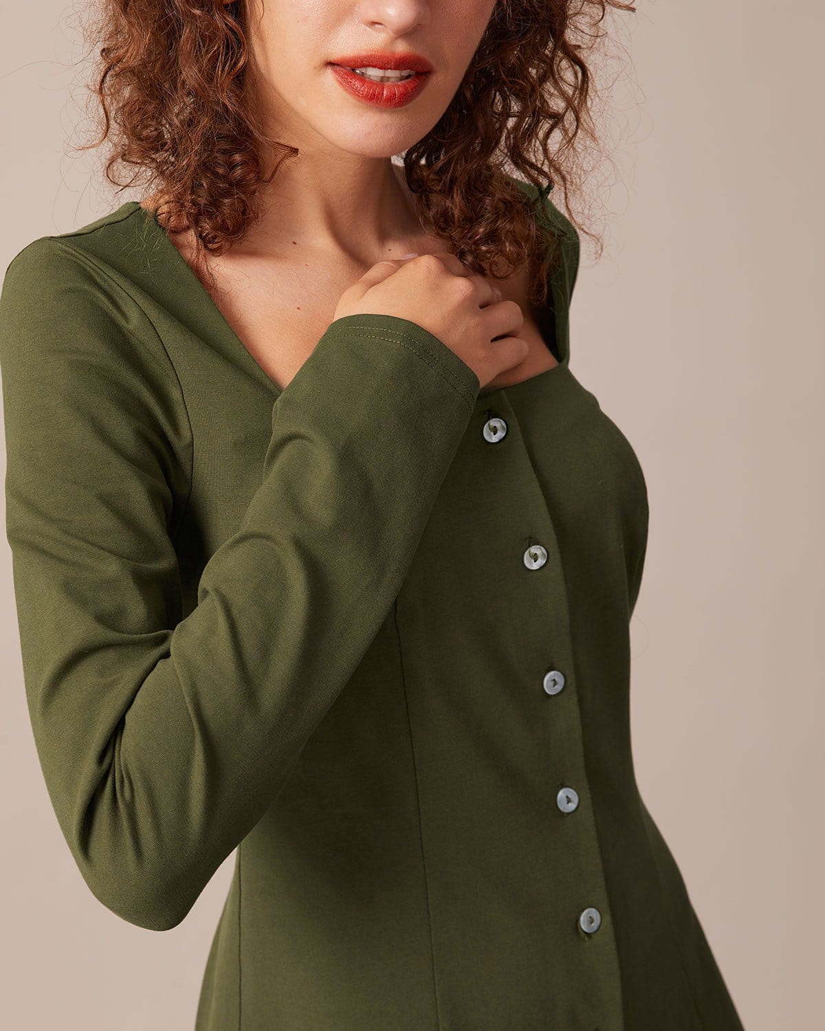 The Army Green Square Neck Button Mini Dress