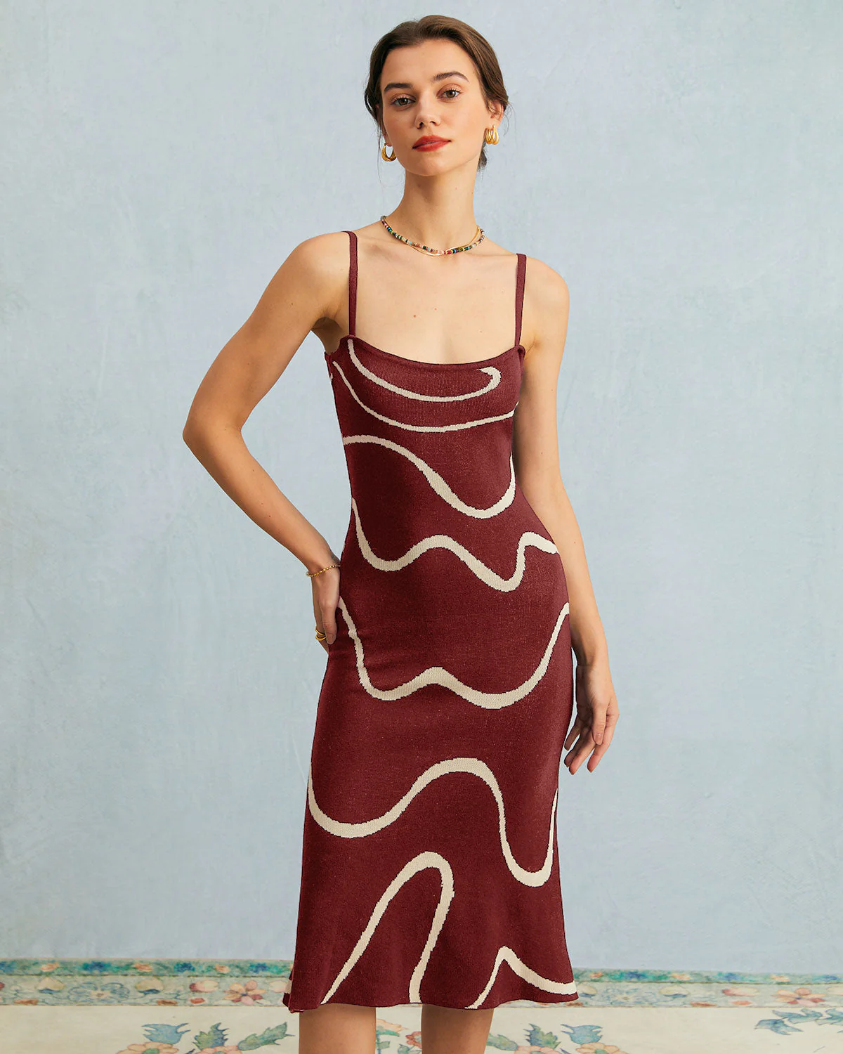 The Wine Red Wave Mermaid Knit Midi Dress