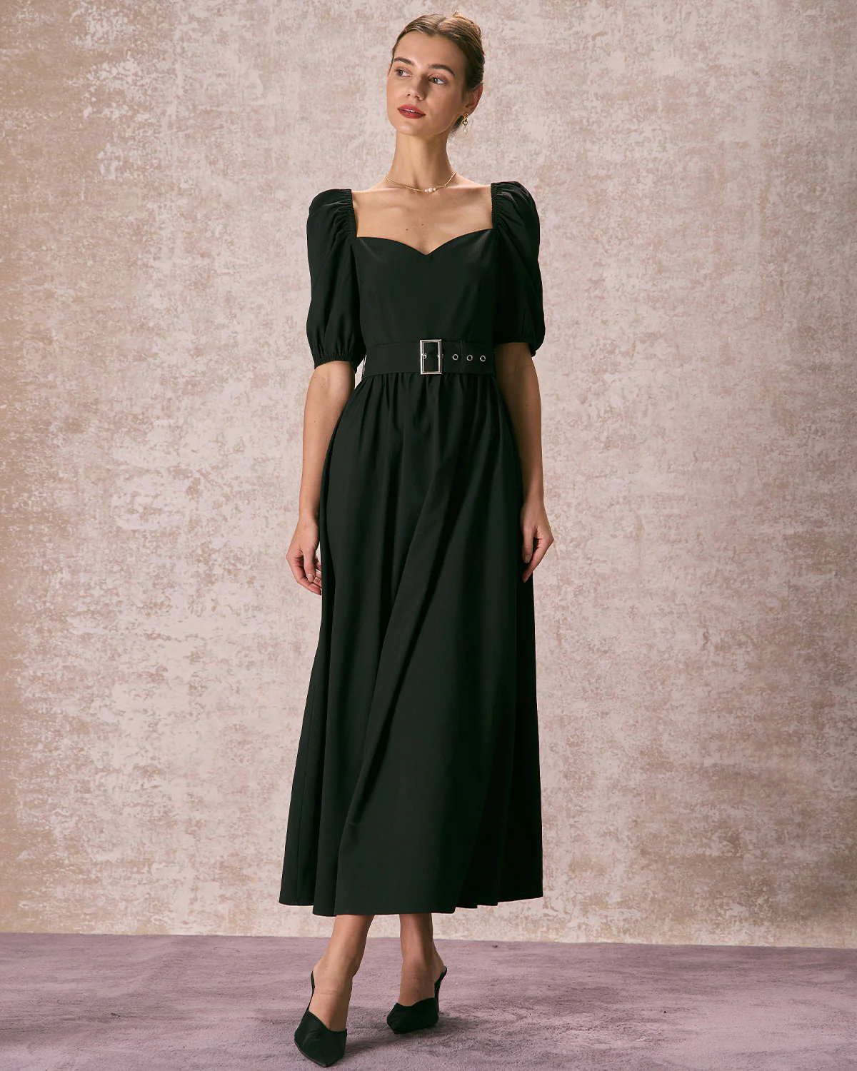 The Black Sweetheart Neck Puff Sleeve Belt Maxi Dress