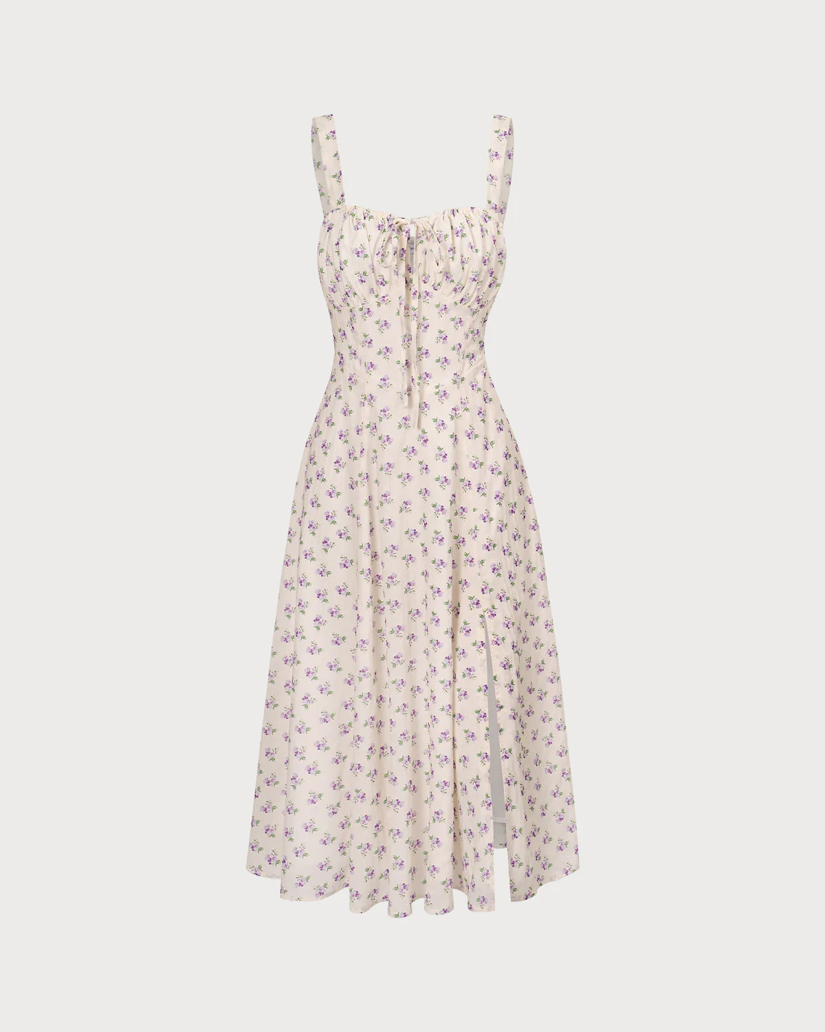 The Beige Ruched Split Hem Floral Midi Dress