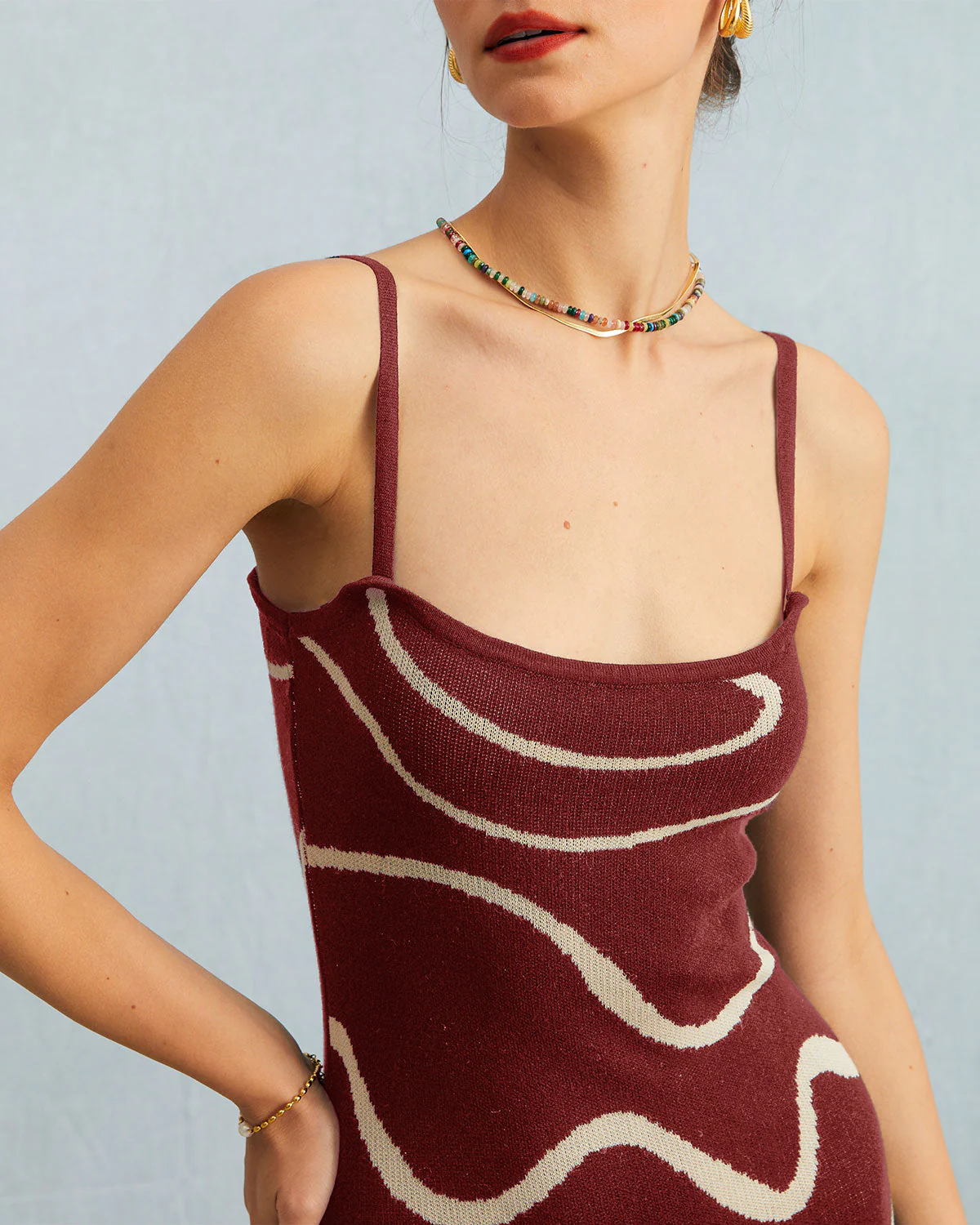 The Wine Red Wave Mermaid Knit Midi Dress