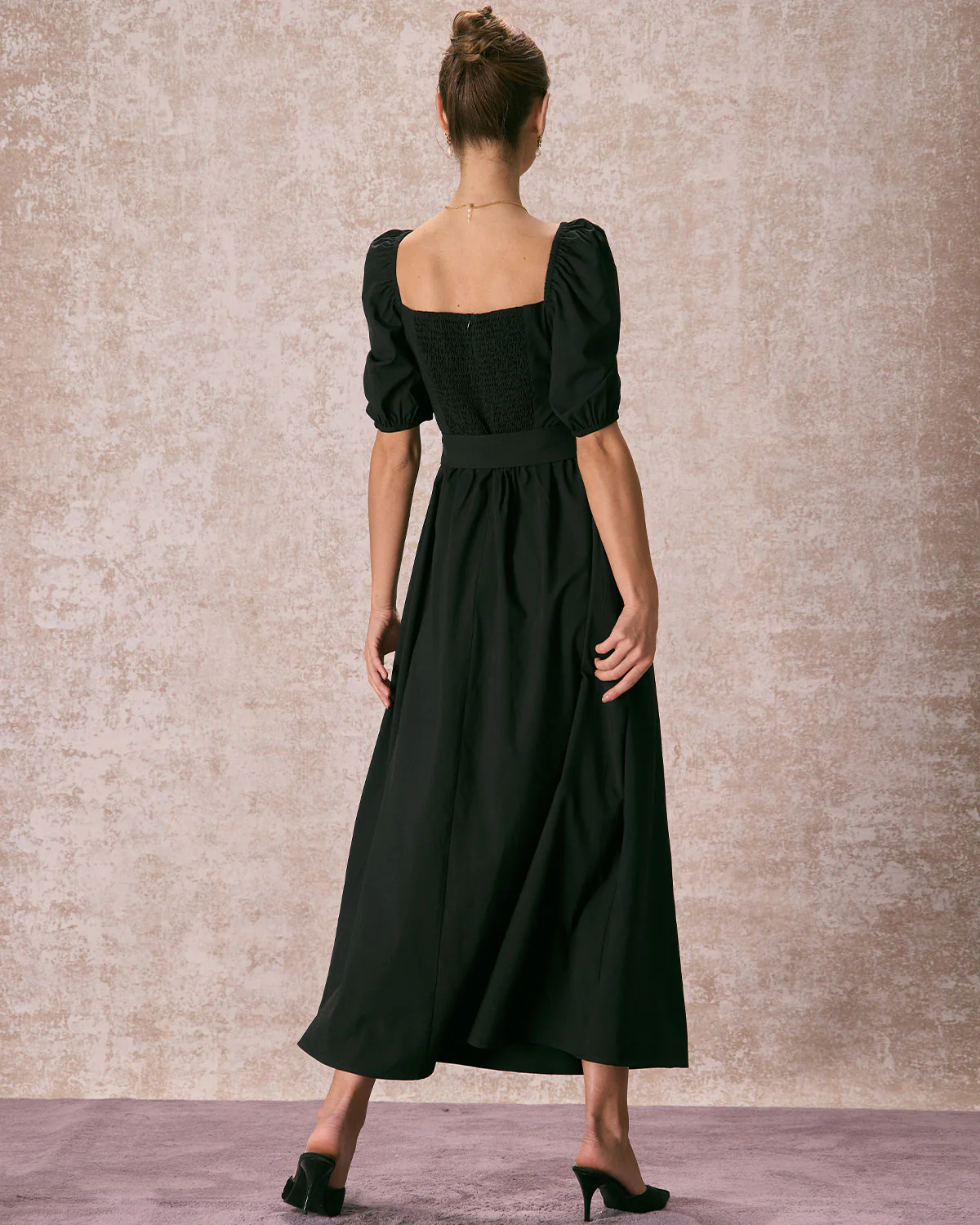 The Black Sweetheart Neck Puff Sleeve Belt Maxi Dress