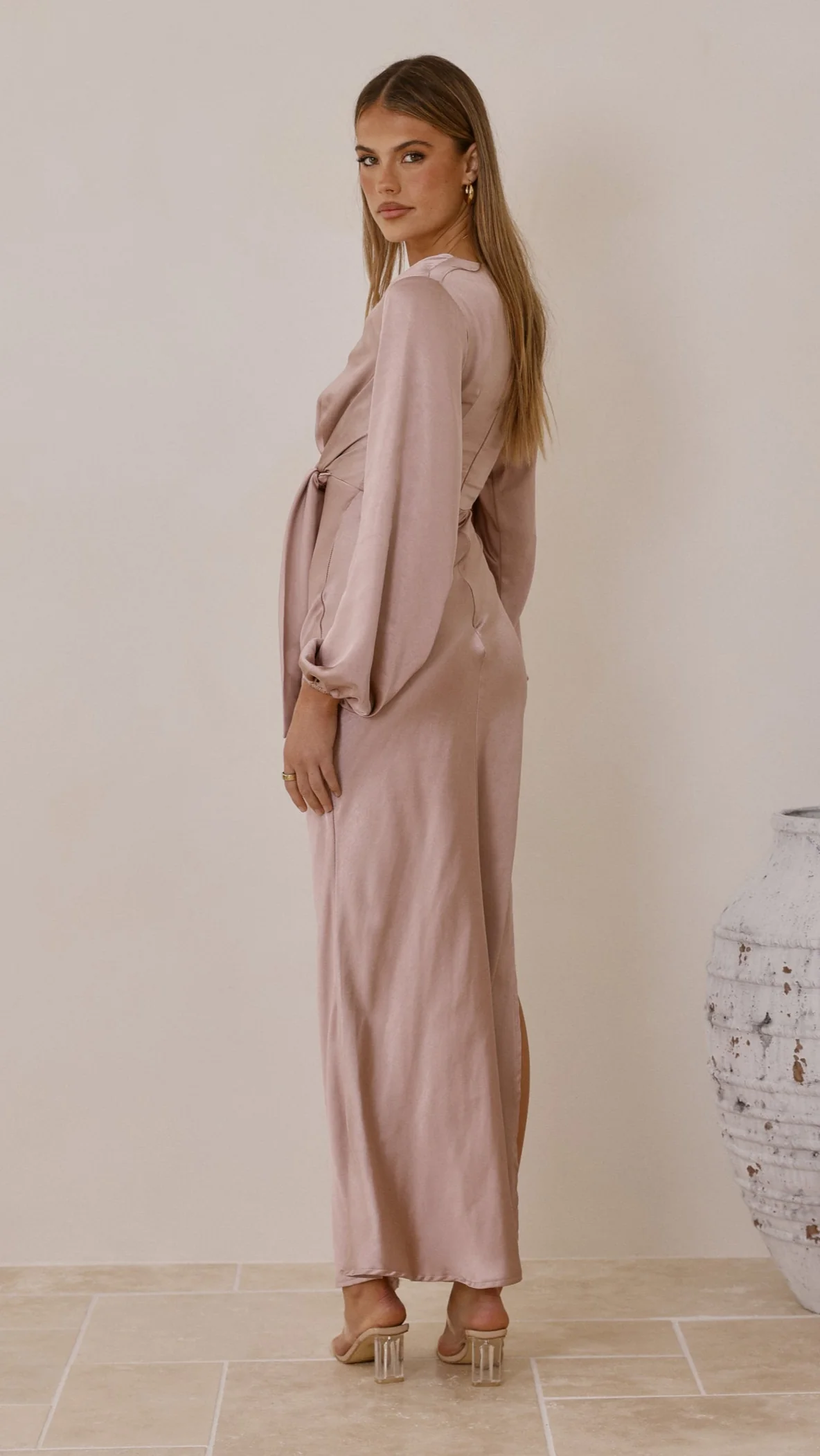 Ivy Long Sleeve Tie Front Maxi Dress - Dusty Pink
