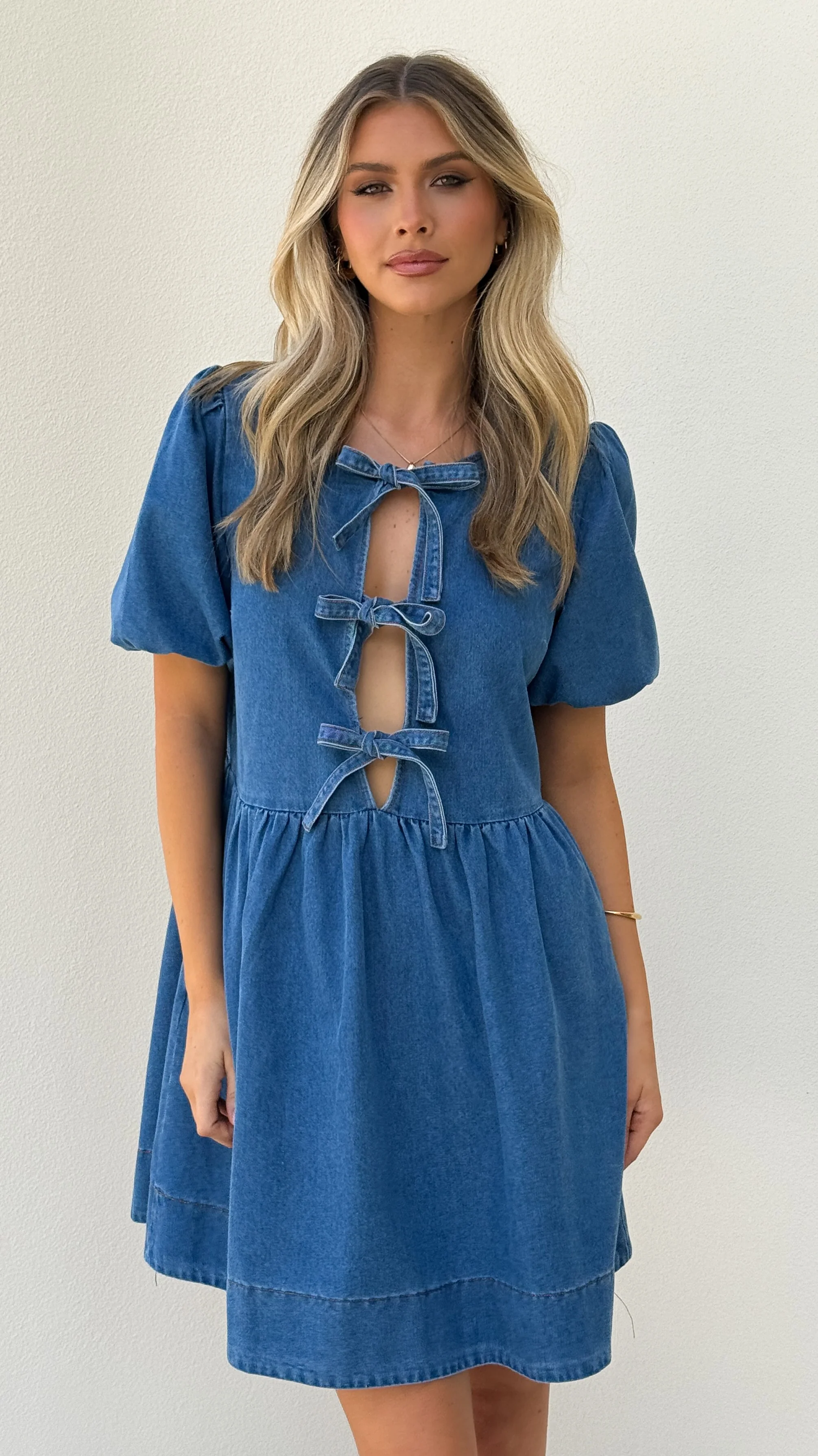 Cantara Tie Front Mini Dress - Mid Blue Denim