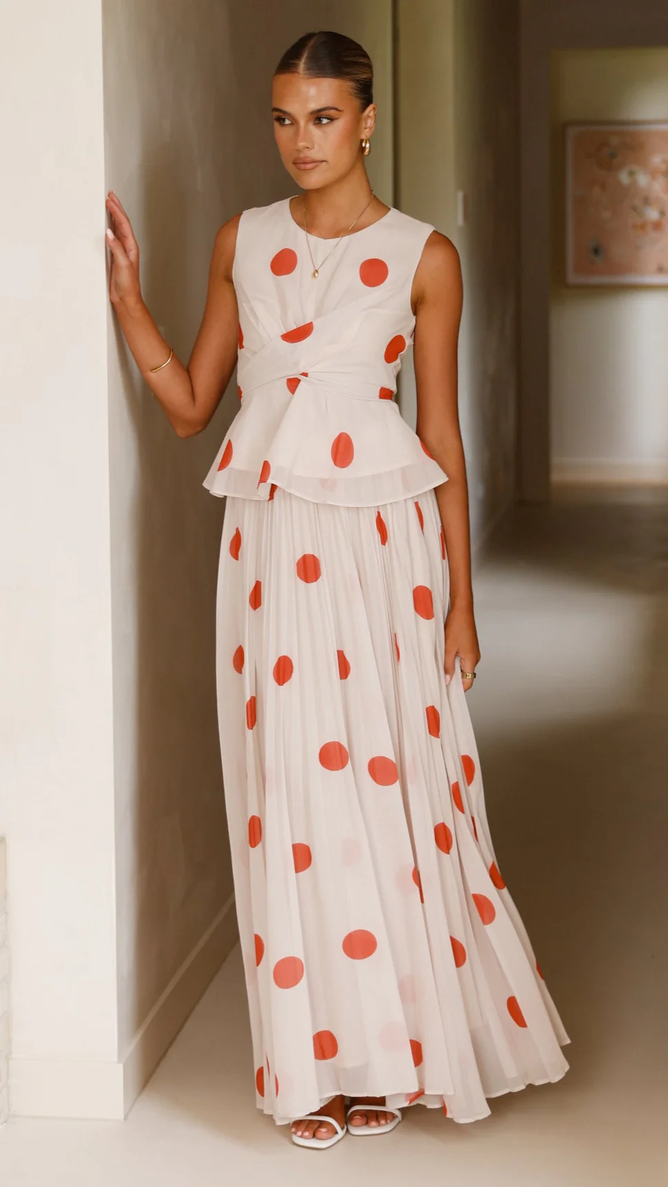 Cambree Peplum Top and Maxi Skirt Set - Beige / Red Polka Dot