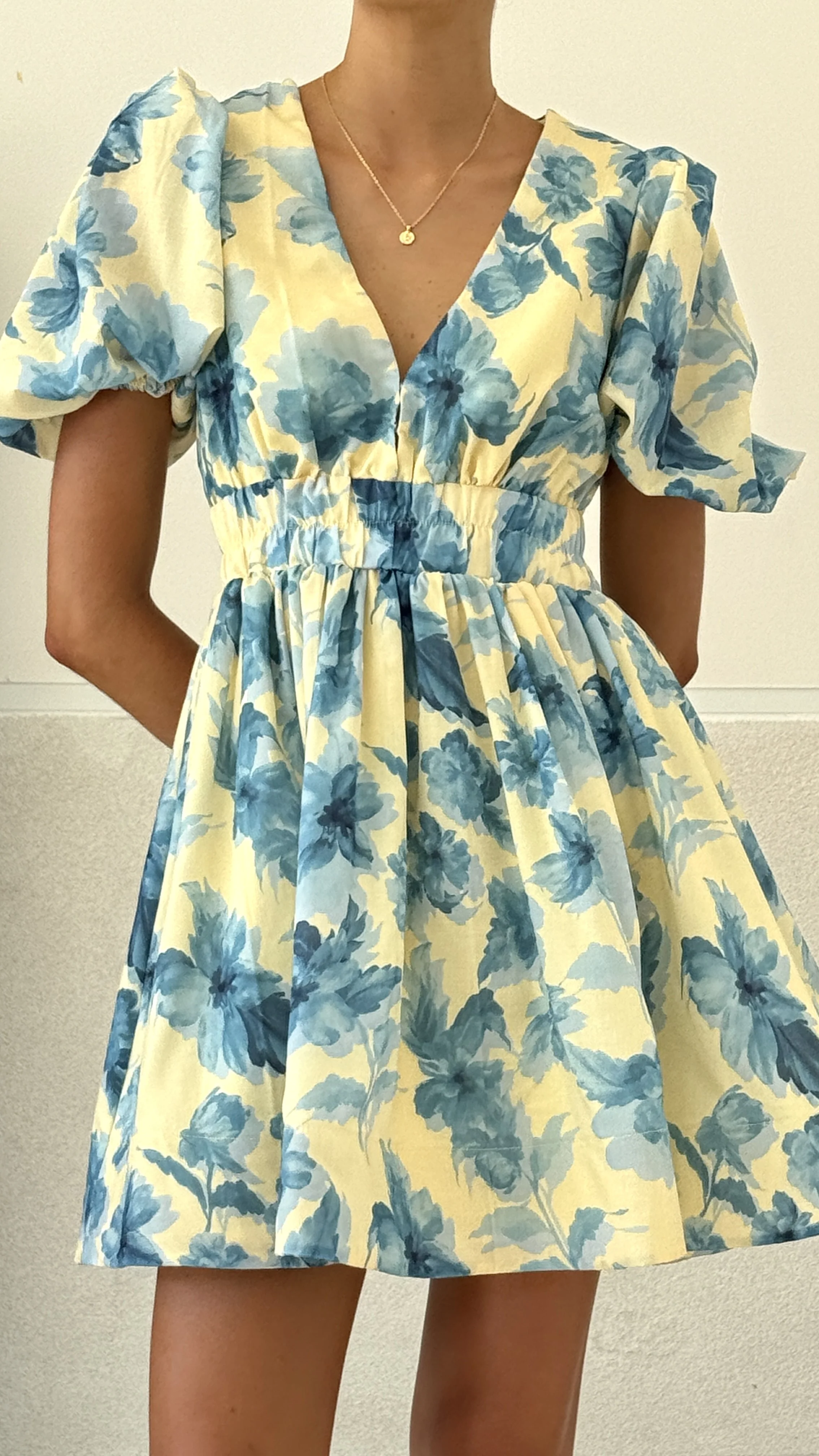 Erin Mini Dress - Yellow / Blue Floral