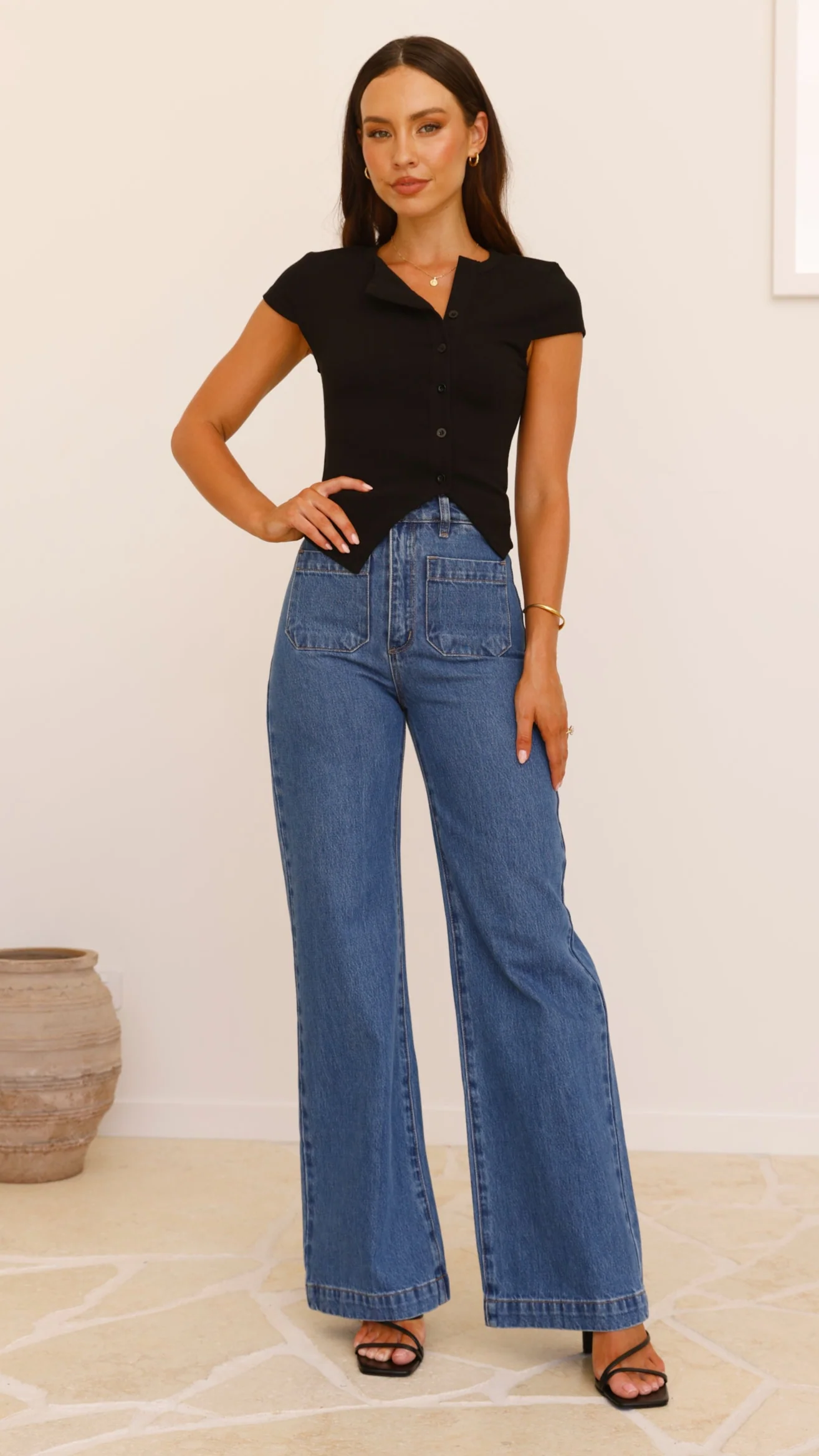 Elodie Ribbed Button Top - Black