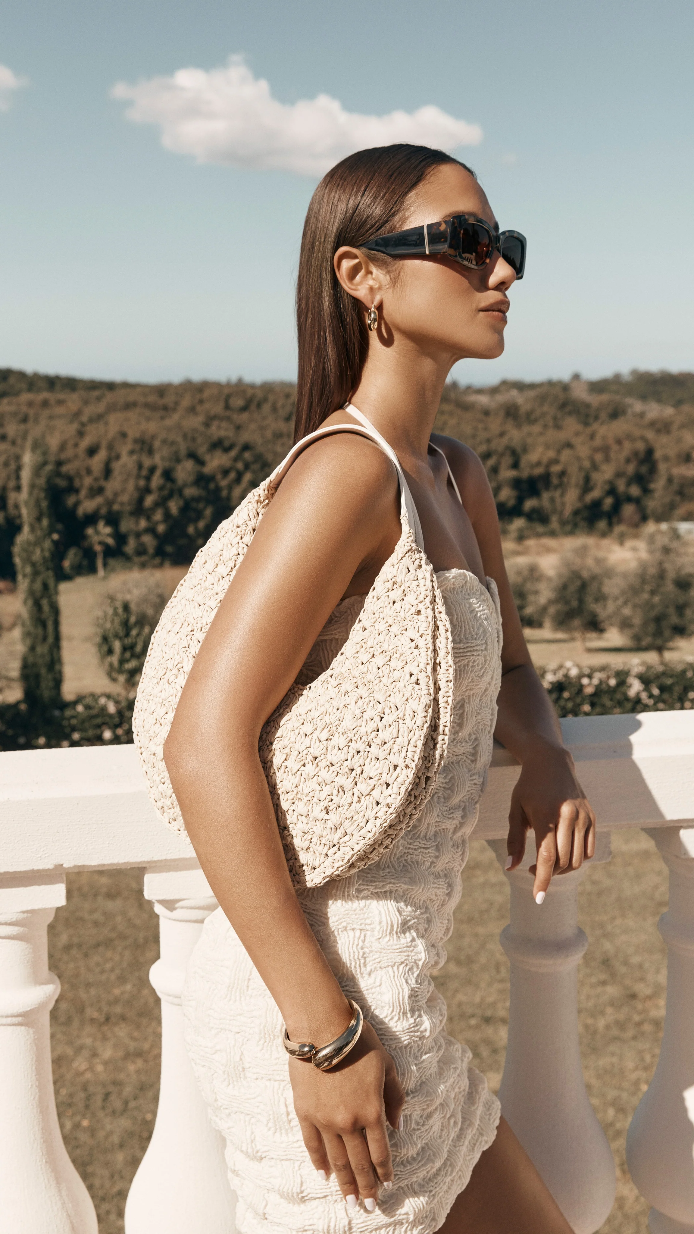 Jasmine Shoulder Bag - Natural Raffia-White