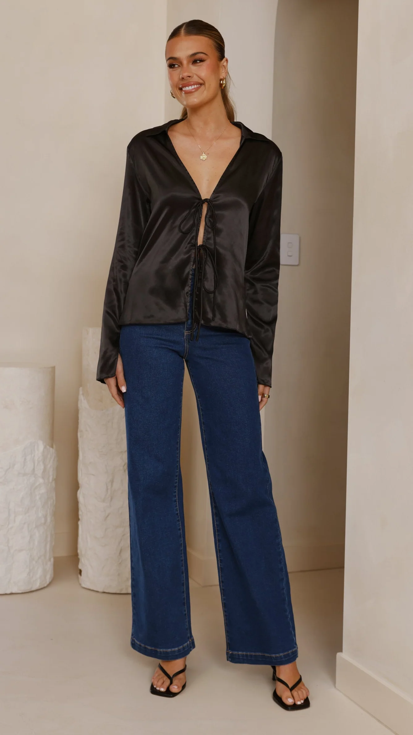 Darielle Tie Front Long Sleeve Top - Black