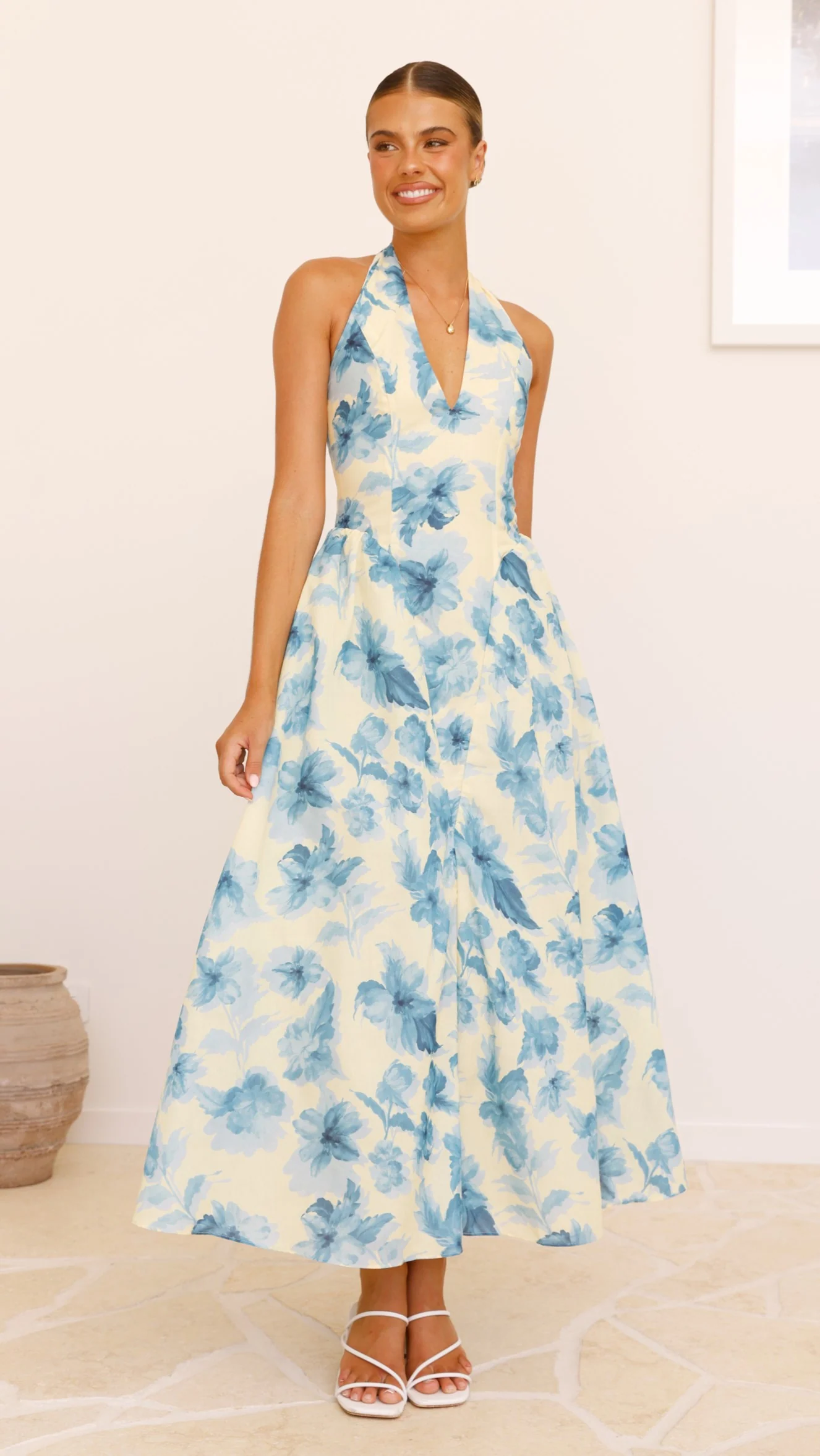 Bryony Halter Neck Maxi Dress - Yellow/Blue Floral