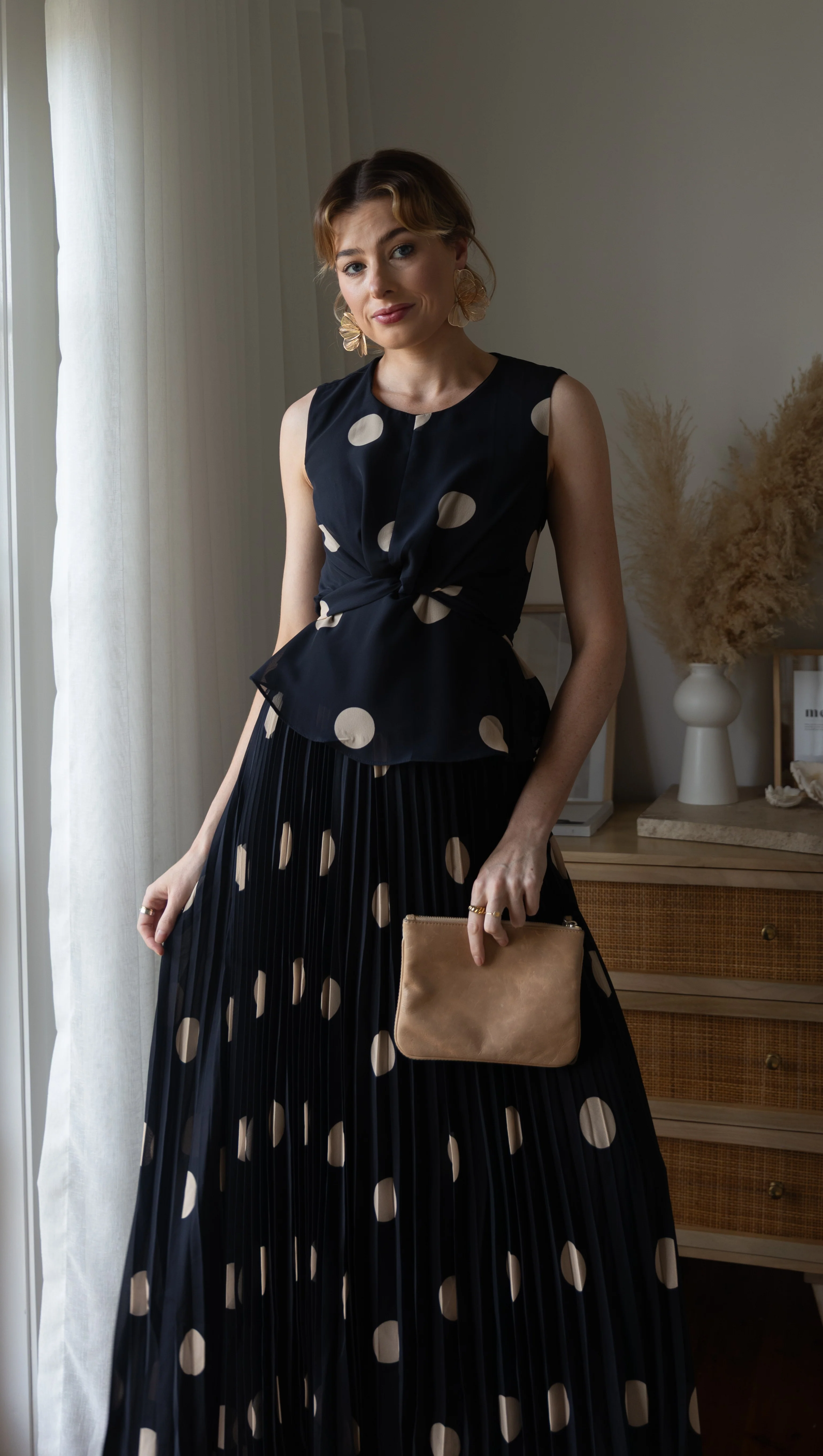 Cambree Peplum Top and Maxi Skirt Set - Black / Beige Polka Dot