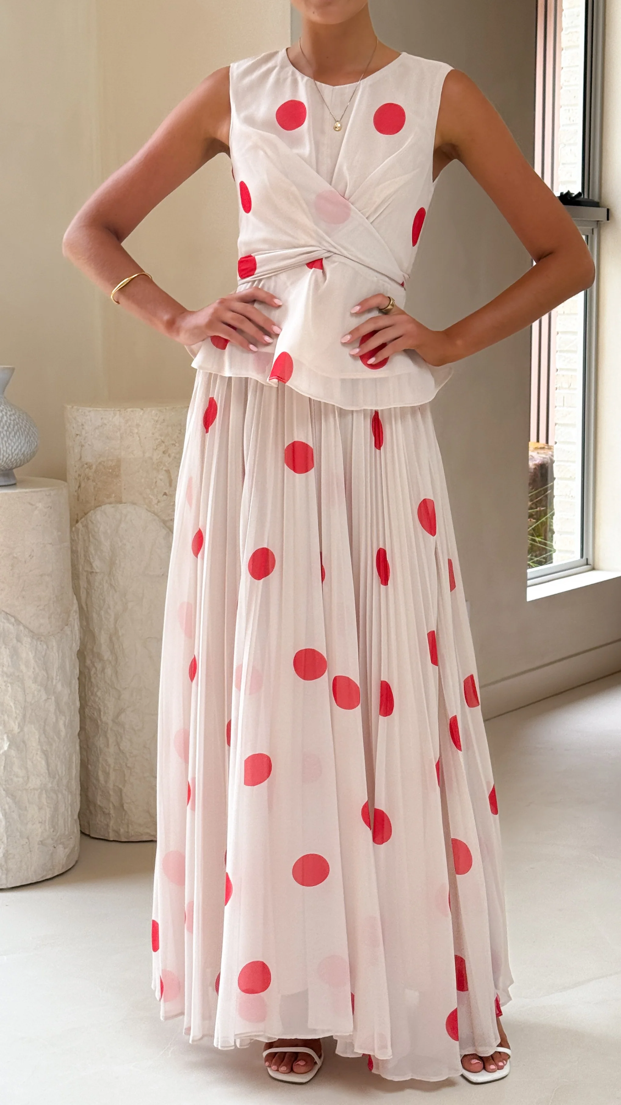 Cambree Peplum Top and Maxi Skirt Set - Beige / Red Polka Dot