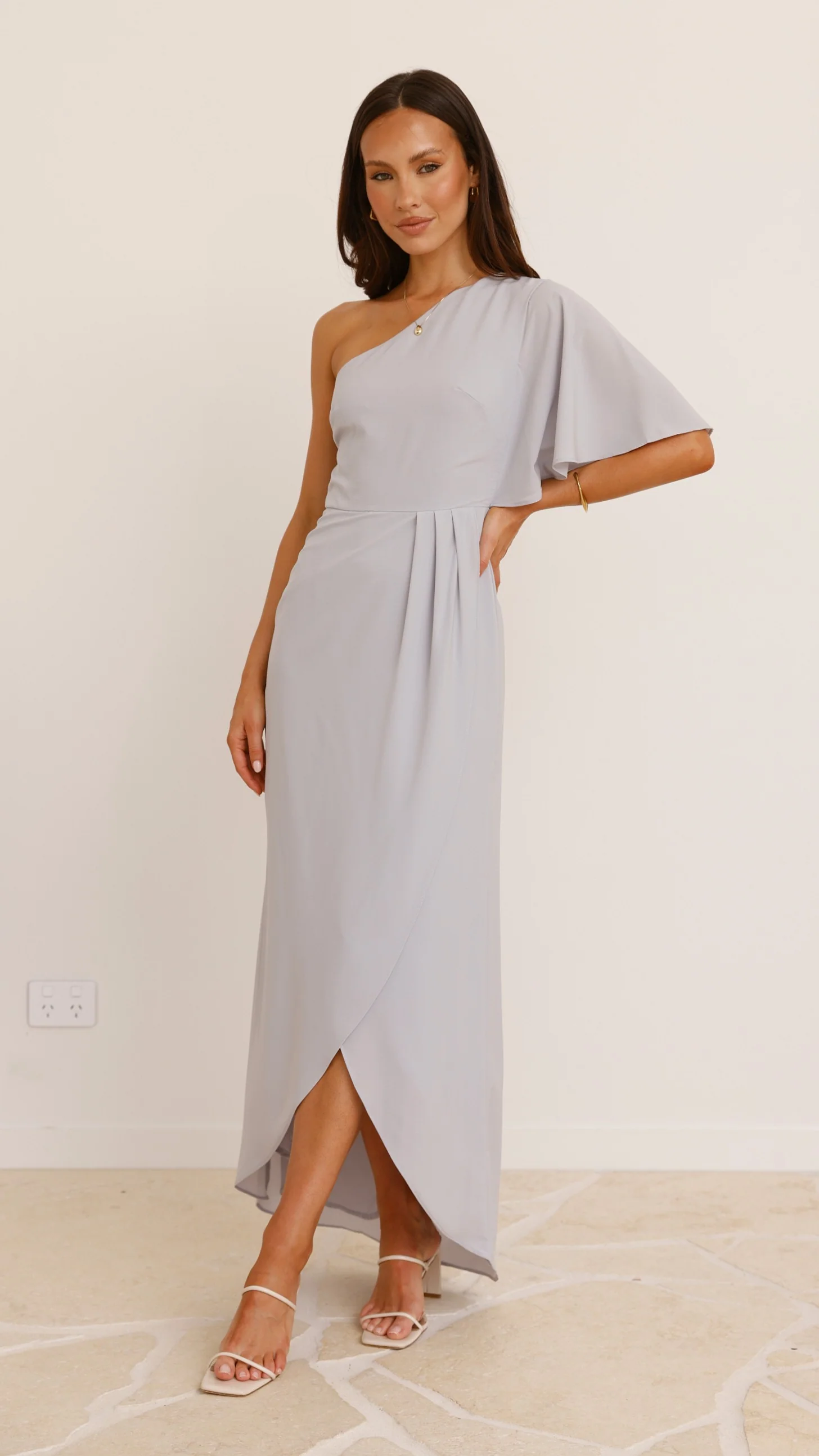 Emma One Sleeve Maxi Dress - Silver