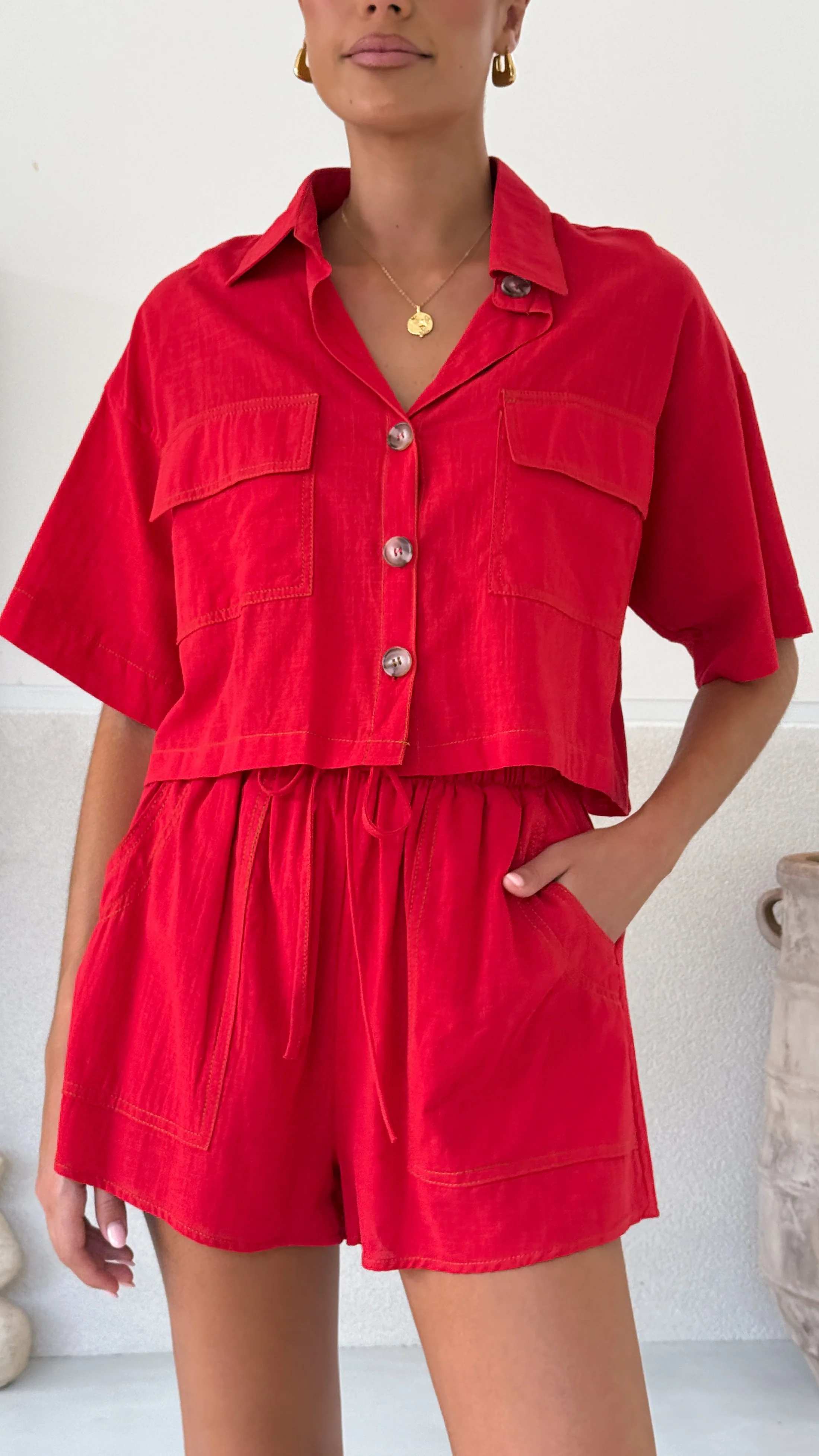 Bridgette Cropped Shirt and Shorts Set - Red