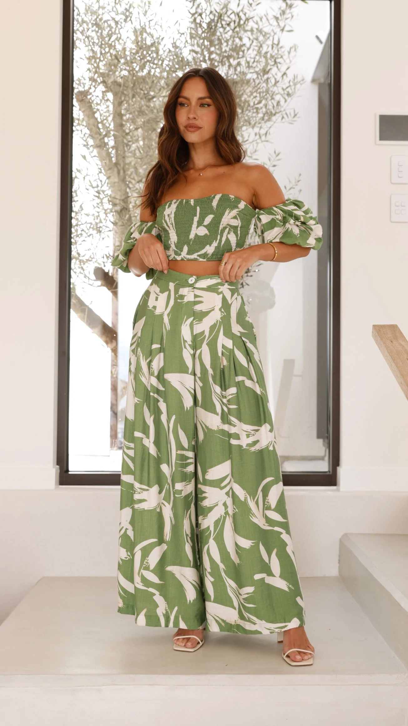 Callison Crop Top and Pants Set - Green Print