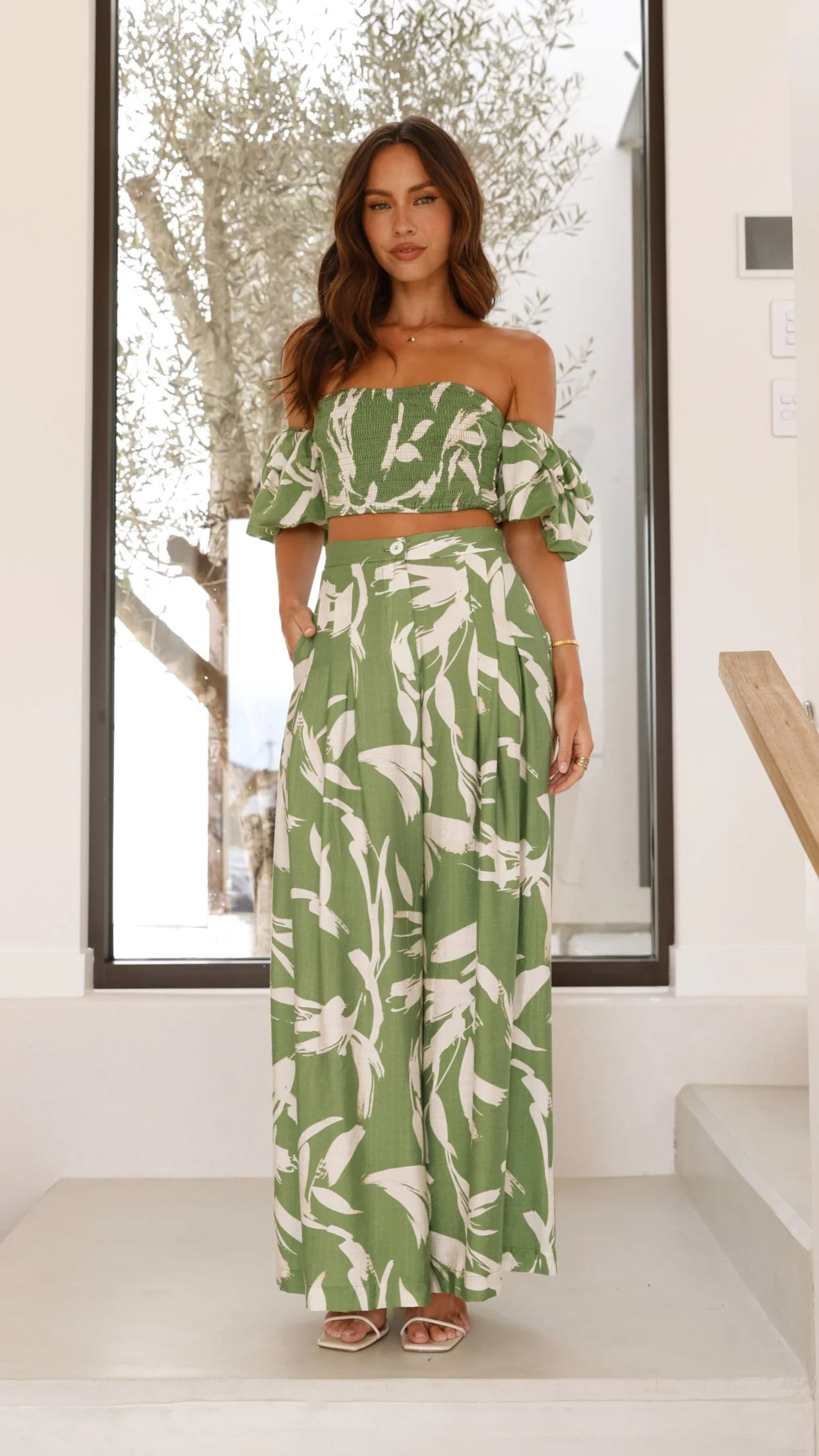 Callison Crop Top and Pants Set - Green Print