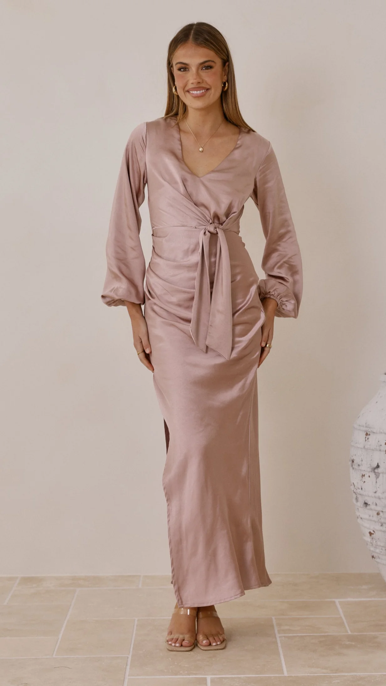 Ivy Long Sleeve Tie Front Maxi Dress - Dusty Pink