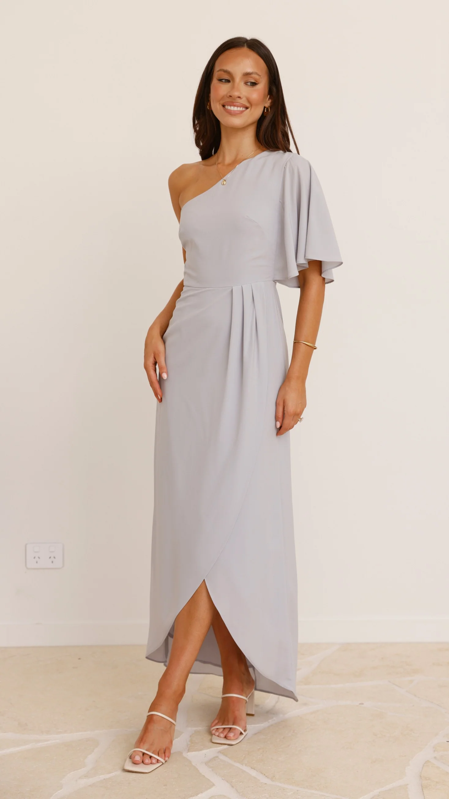 Emma One Sleeve Maxi Dress - Silver