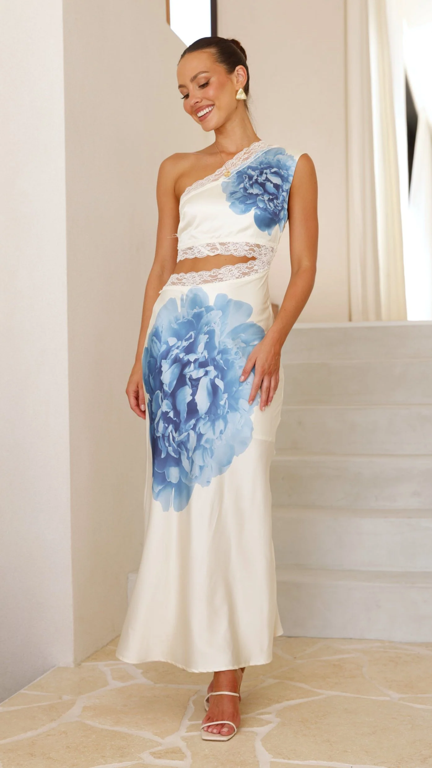 Emily One Shoulder Maxi Dress - Ivory / Blue
