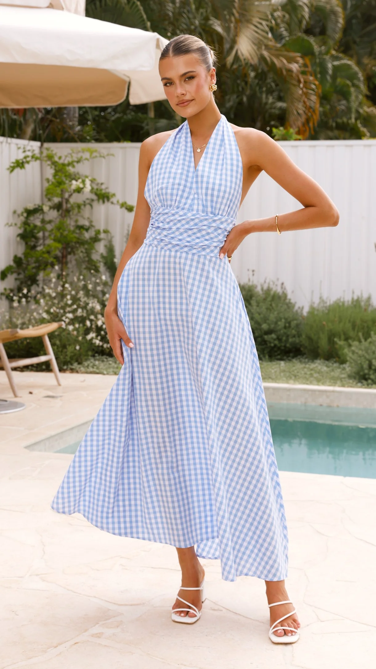 Brydie Halter Maxi Dress - Gingham Light Blue
