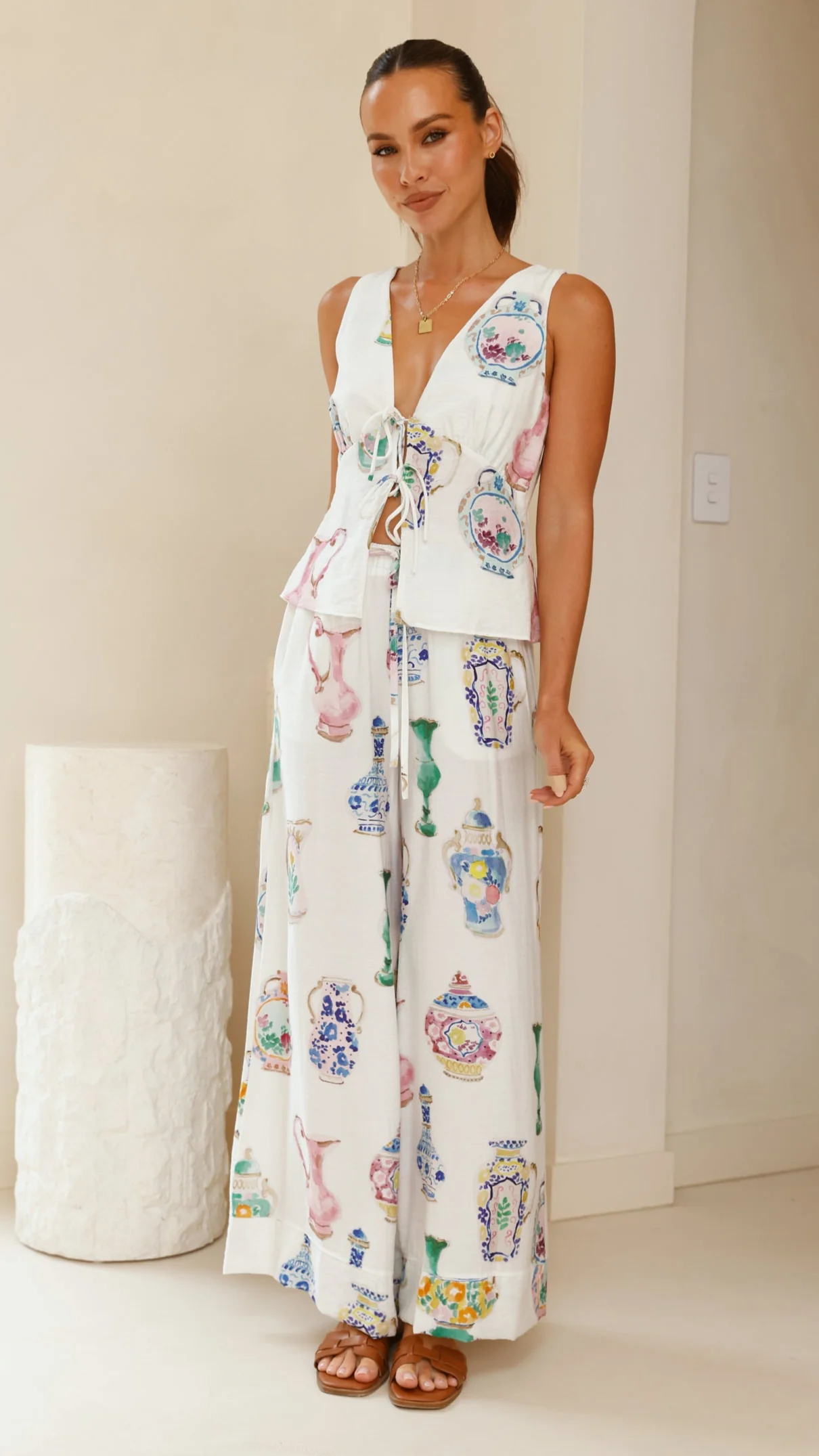 Candella Tie Front Top - Vase Print