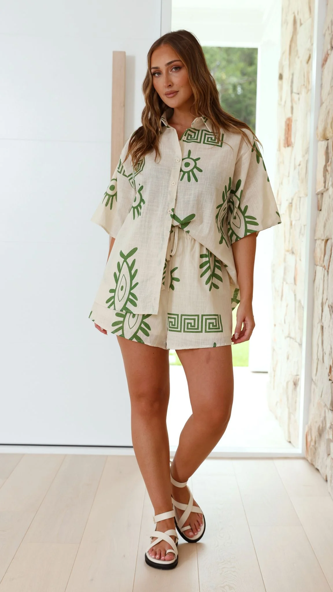 Charli Button Up Shirt and Shorts Set - Beige/Green Aztec