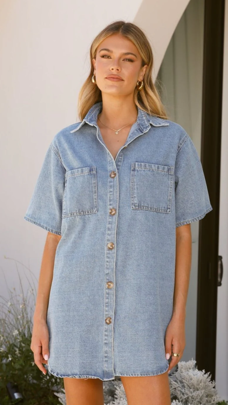 Chaney Button Up Mini Dress - Medium Denim