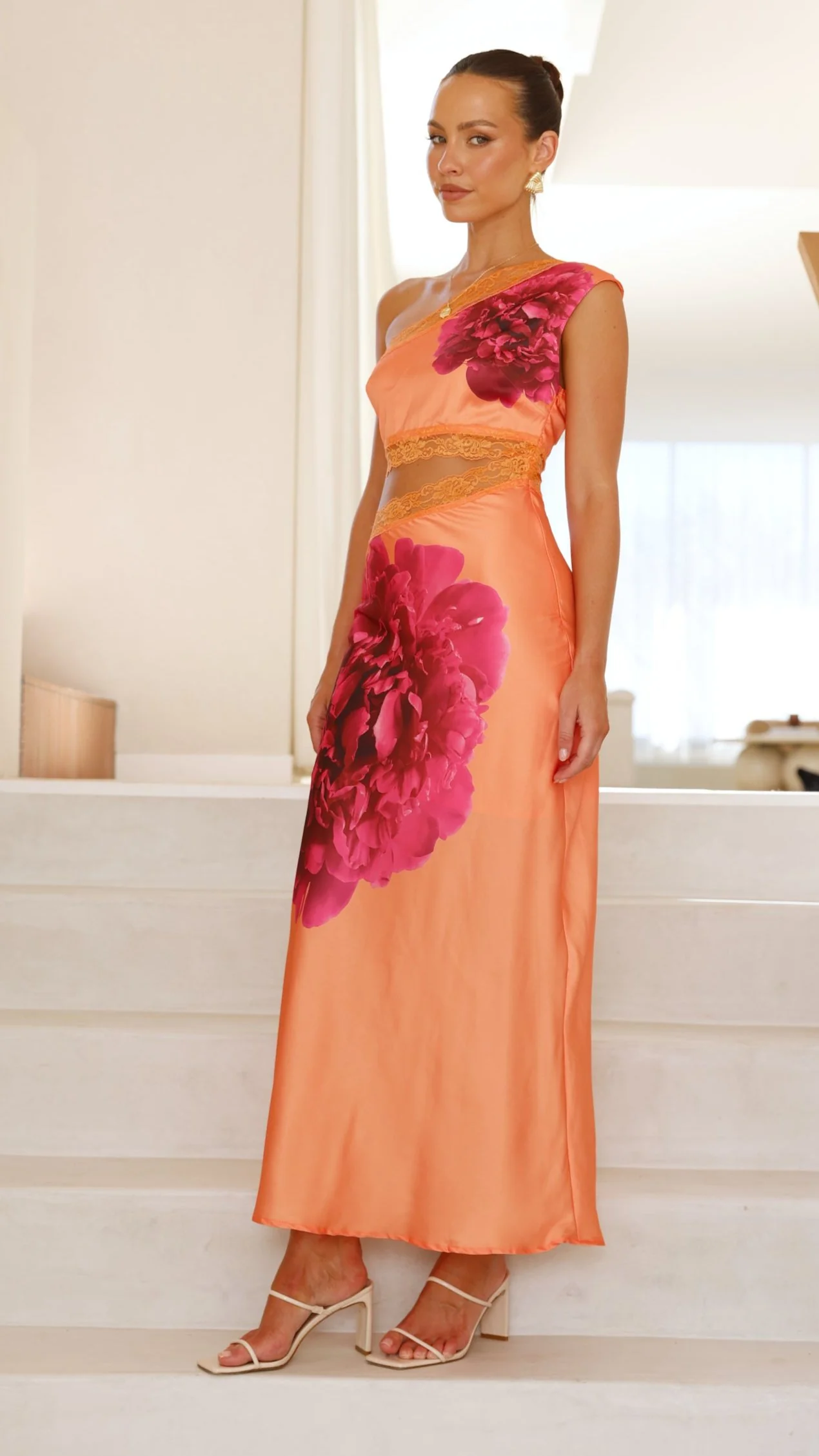 Emily One Shoulder Maxi Dress - Orange / Pink