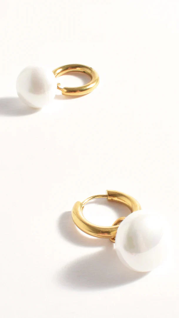 Dropped Pearl Mini Hoop Earrings - Gold